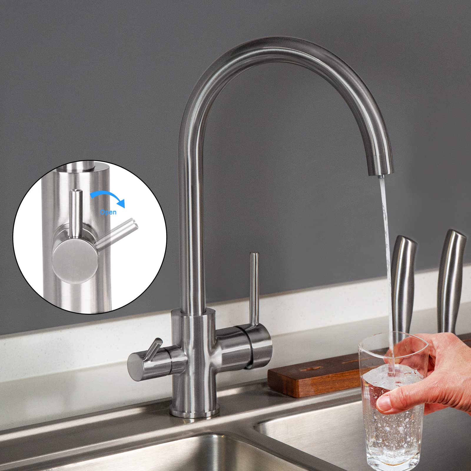 3-Way Brushed Nickel Kitchen Faucet Water Filter - High Efficiency Purification System for Clean Drinking & Cooking Water | Perfect for Home, RV, and Office Use
