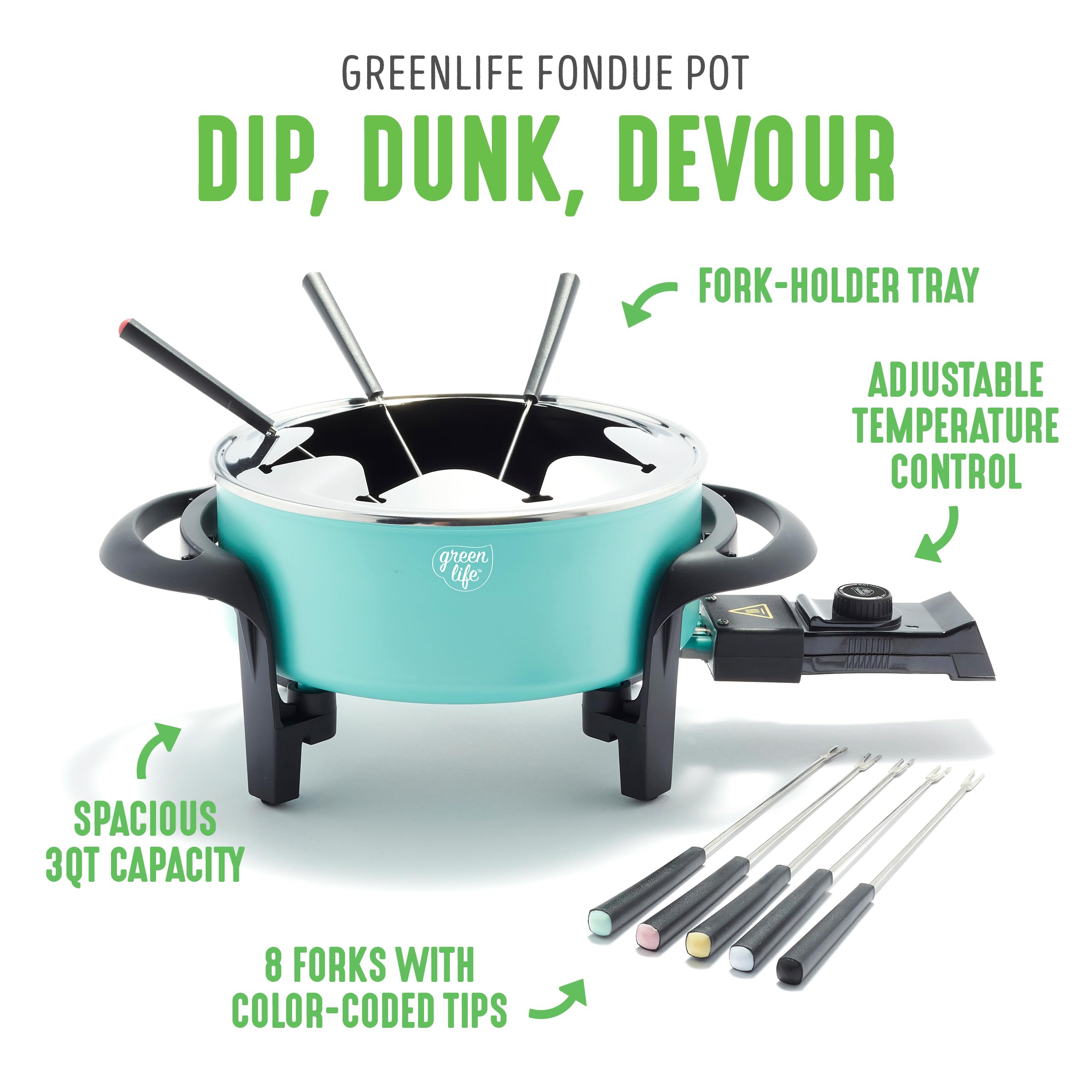 GreenLife 14 Cup Electric Fondue Pot Set for Cheese, Chocolate & Meat - 8 Color Coded Forks, Ceramic Nonstick Coating, Adjustable Temp Control, PFAS-Free, Turquoise - Perfect for Parties, Date Nights & Family Gatherings