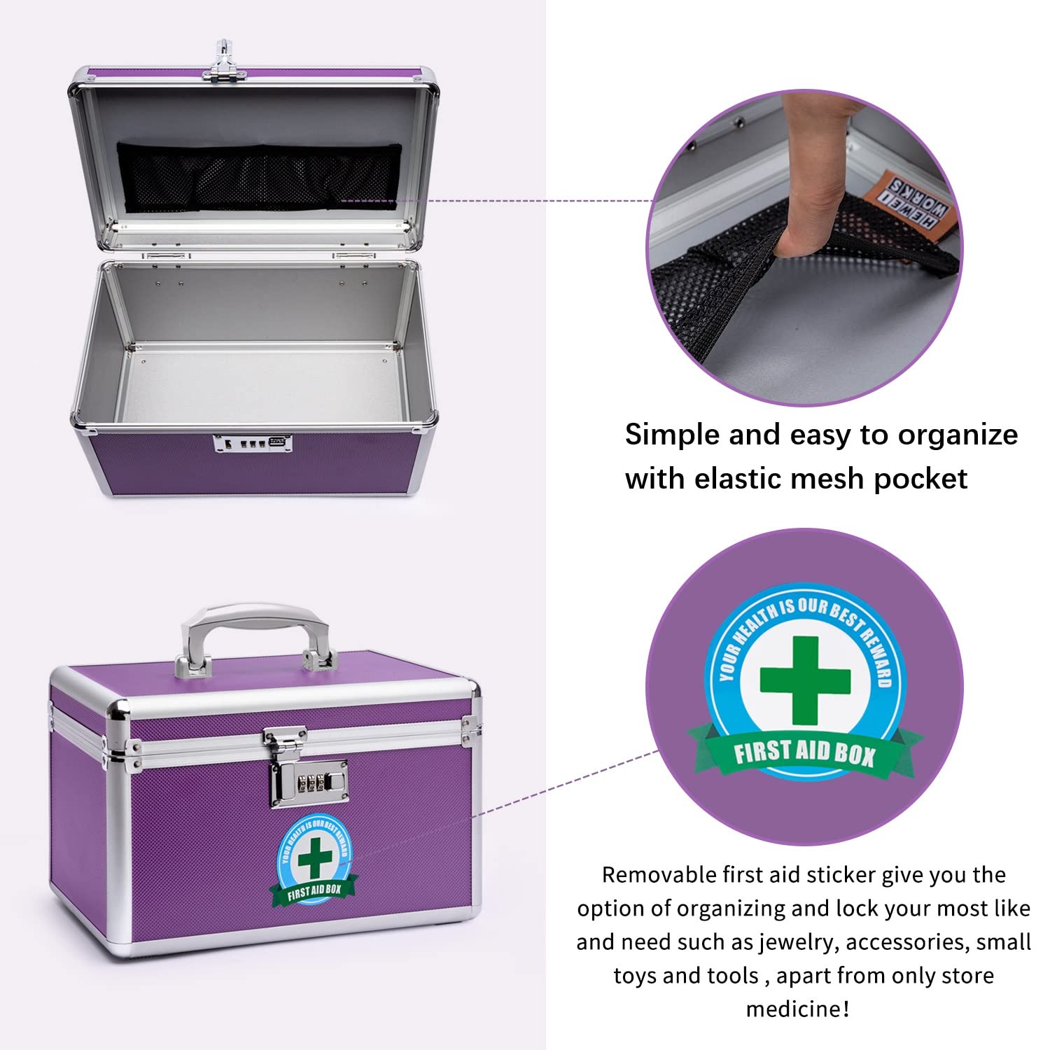 HEWEI WORKS Lockable Baby Proof Medical Box - Portable First Aid Kit Organizer with Combination Lock, Empty Multipurpose Storage Case (Medium, Purple) | Ideal for Home Safety, Travel Essentials & Medicine Organization