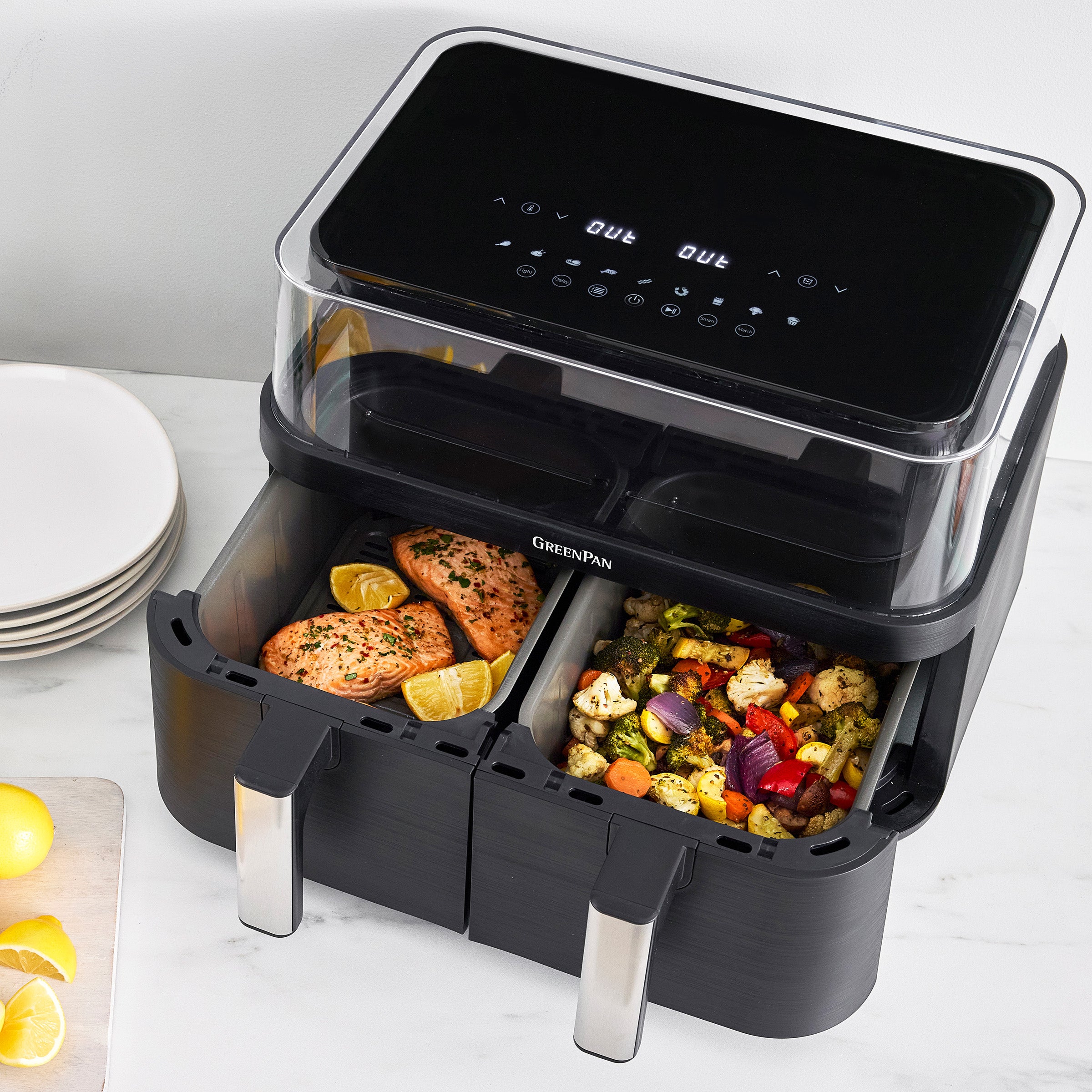 Bistro 10 Quart 360˚ Clear View Double Air Fryer - Large Capacity, Digital Touchscreen, Healthy Cooking for Family Meals, Snacks & Party Foods | Perfect for Roasting, Baking, Grilling & Reheating
