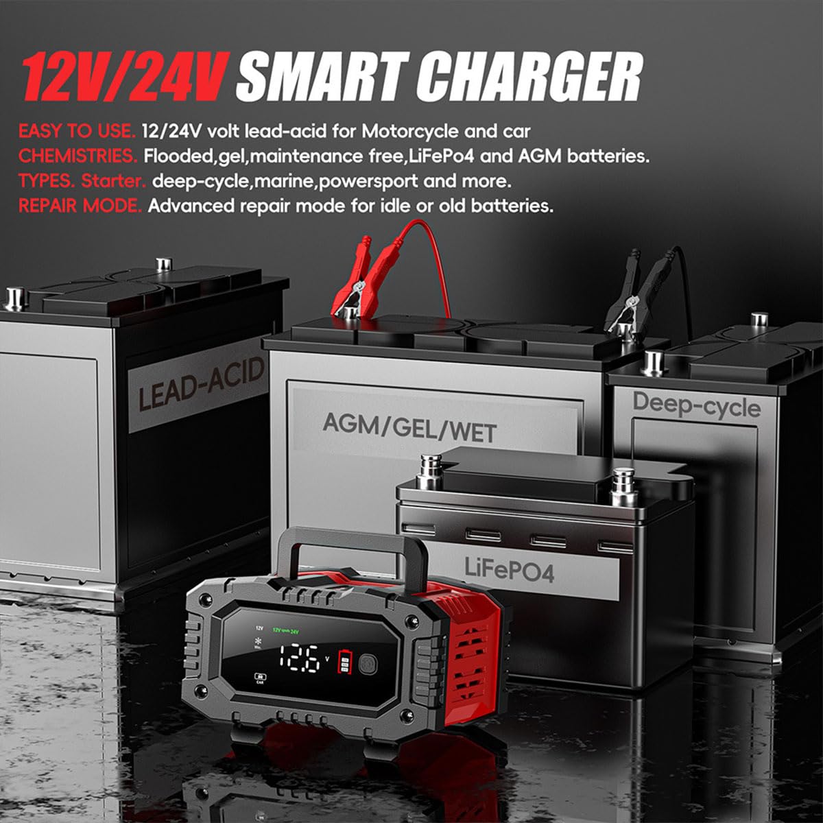 12V/24V Smart Battery Charger for Car, Truck, Motorcycle - Auto Maintenance & Repair