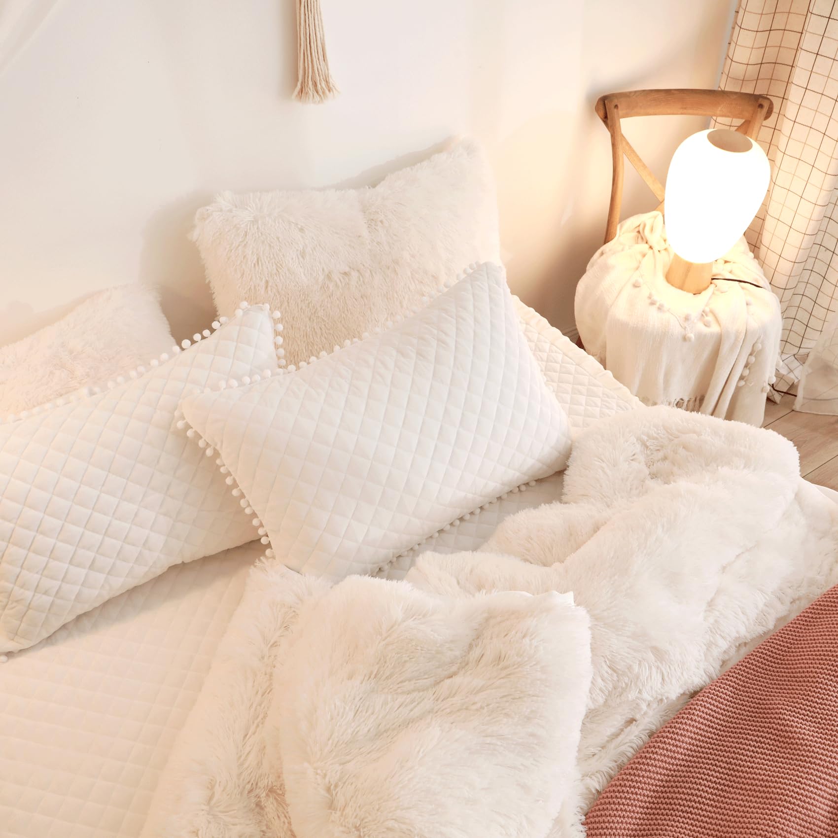 Luxury Beige Fluffy Comforter Cover Set - 3 Piece Plush Duvet Cover with 2 Faux Fur Pillowcases, Soft Shaggy Bedding with Zipper Closure (Queen Size) - Perfect for Cozy Winter Nights & Stylish Bedroom Decor