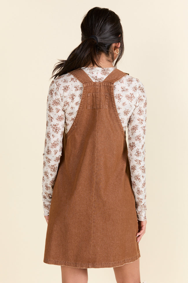 Anissa Brown Overalls Dress - Women's Denim Jumpsuit by Holley Gabrielle X Pink Lily | Casual Outfit for Brunch, Shopping & Street Style Fashion