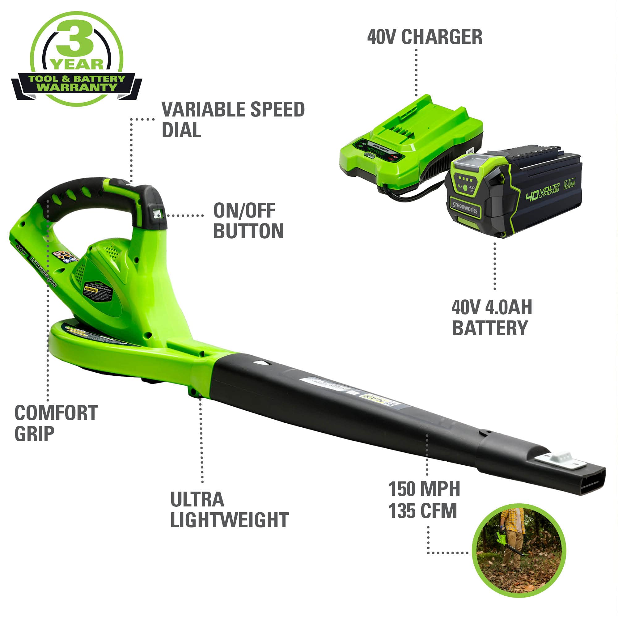 Greenworks 40V 150 MPH Cordless Leaf Blower with 4.0Ah Battery & Charger - 24212 Model - Includes Gutter Cleaning Kit - Perfect for Yard Cleanup, Driveway Clearing & Outdoor Maintenance