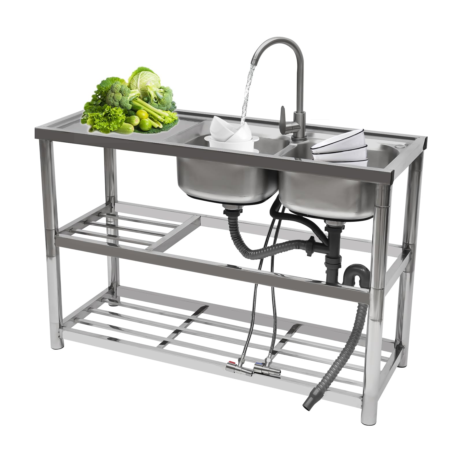 **Commercial 304 Stainless Steel Double Bowl Restaurant Sink with Storage Shelves & Drainer Faucet Combo – Heavy-Duty Kitchen Utility Sink for Restaurants, Cafes, and Food Prep Areas**