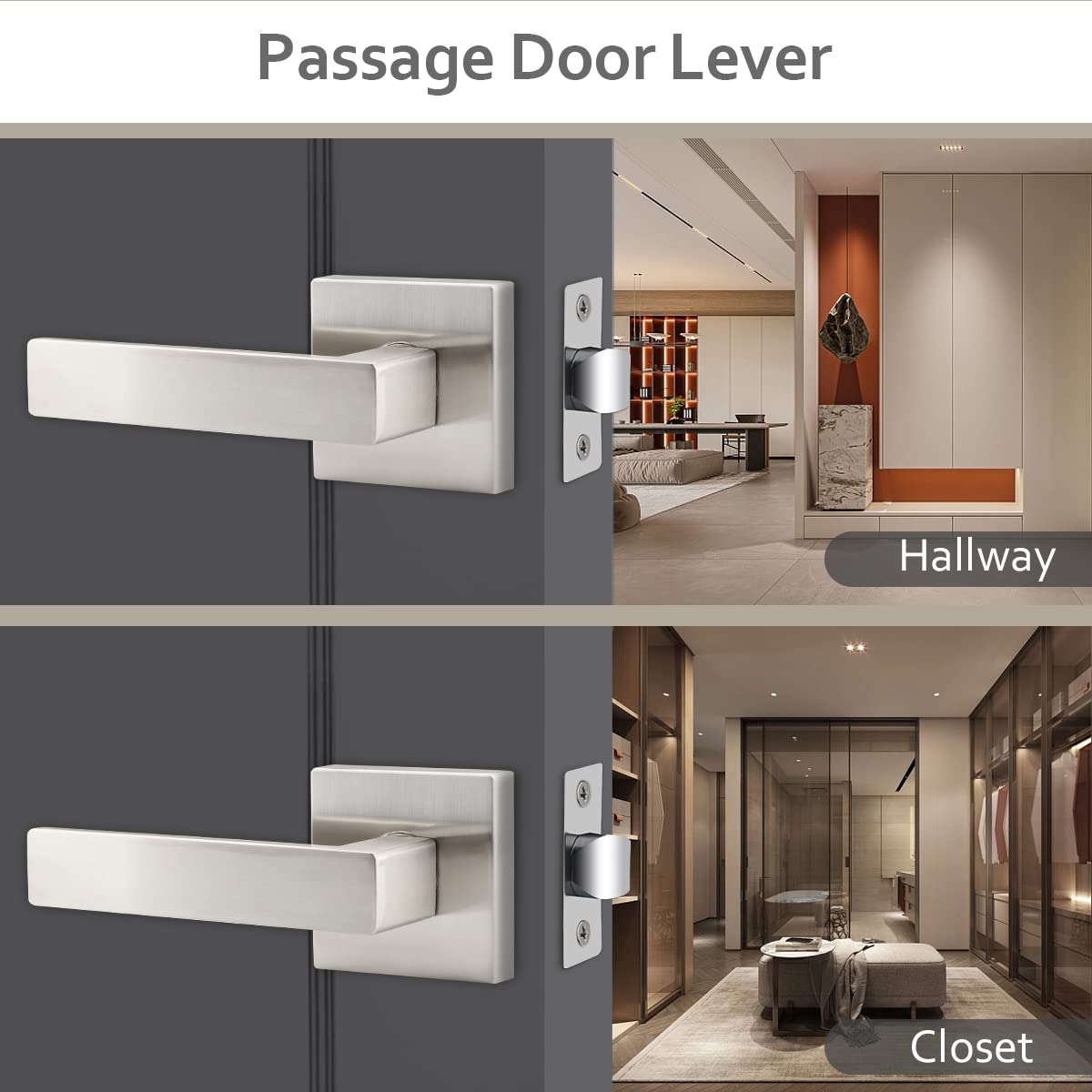 10 Pack Satin Nickel Interior Door Handles - Heavy Duty Passage Door Knobs for Hall, Closet & Bedroom - Left/Right Hand Compatible - Perfect for Home, Office & Commercial Spaces