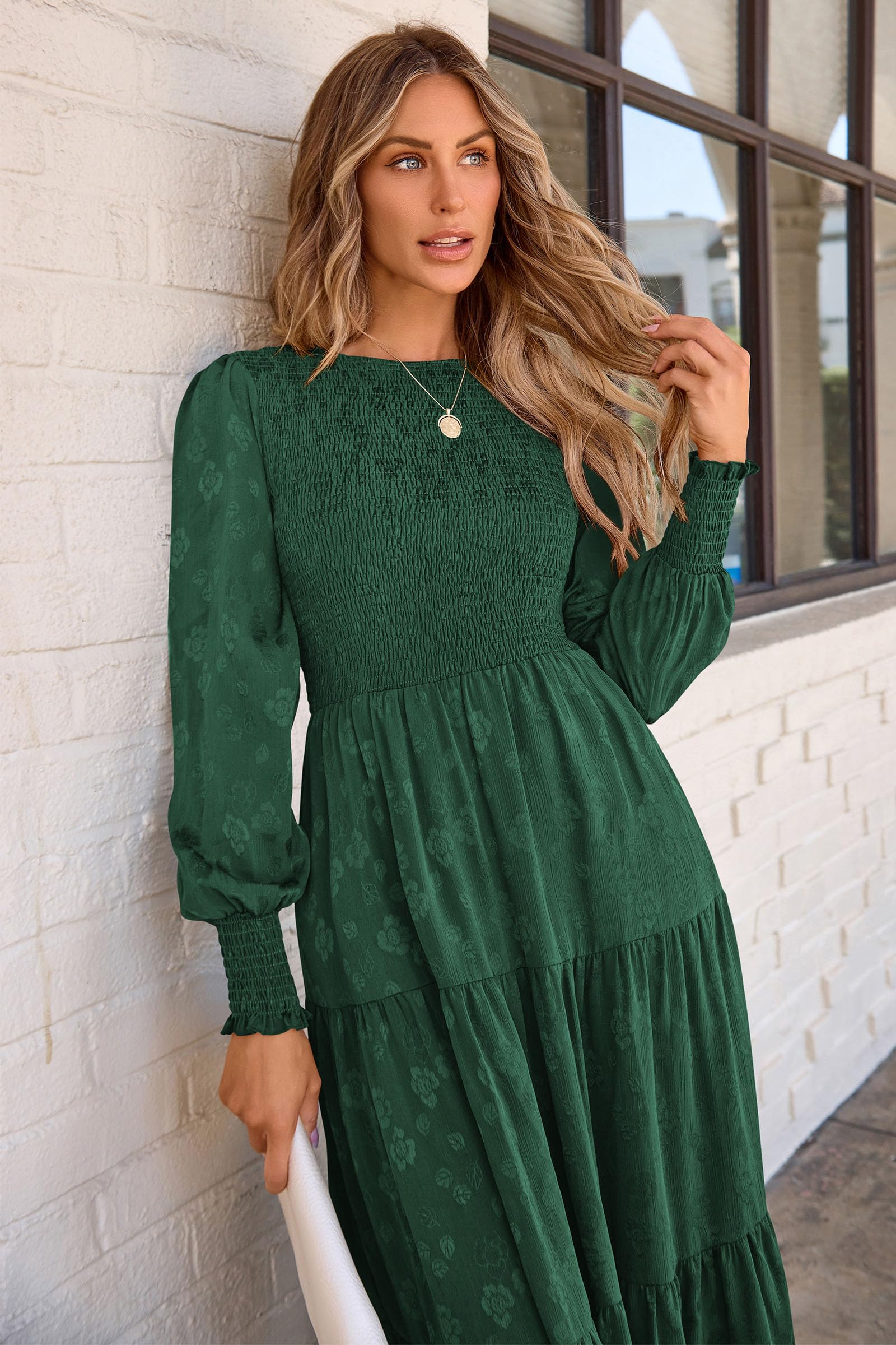 PRETTYGARDEN Women's Floral Midi Dress with Long Sleeves - Elegant Smocked Waist, Flowy Wedding Guest Dress with Pockets - Perfect for Fall, Spring Weddings, Parties & Special Occasions