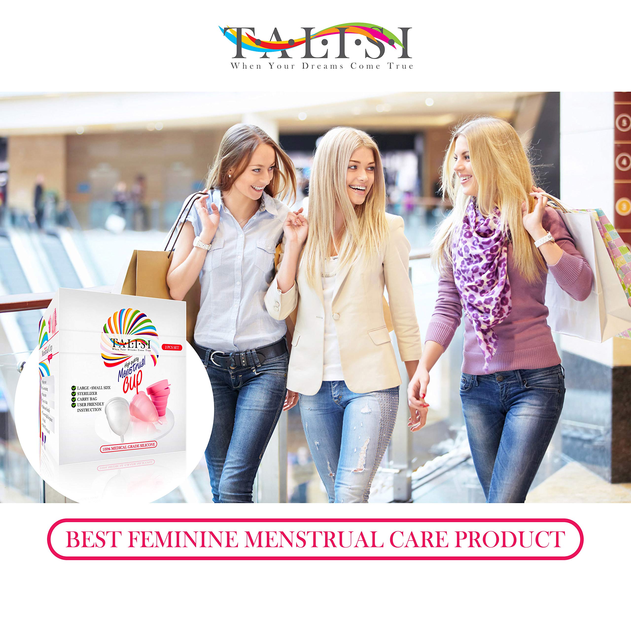 Talisi Reusable Menstrual Cups Set of 2 - Soft Medical Grade Silicone Period Cup Kit with Collapsible Cleaner & Sterilizer - Tampon & Pad Alternative for Light to Heavy Flow (Small & Large Sizes) - Perfect for Travel, Gym, Swimming & Active Lifestyles