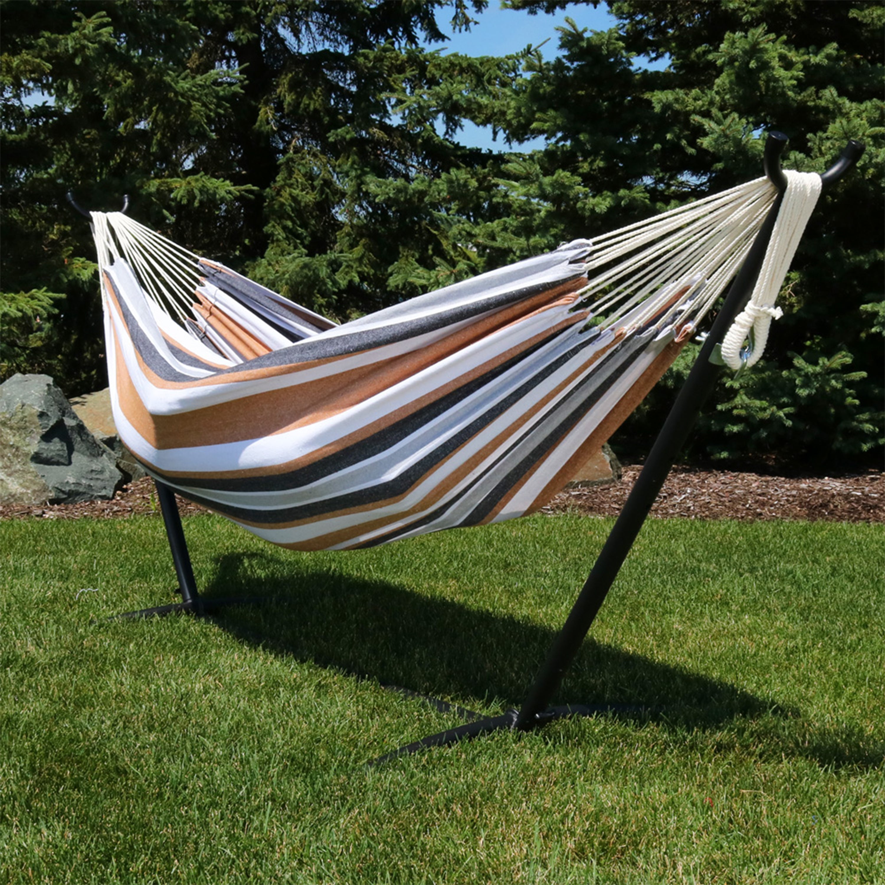 Premium Brazilian Double Hammock with Stand & Carry Bag - Heavy Duty Cotton Rope Hammock for Outdoor, Backyard, Patio & Beach Relaxation