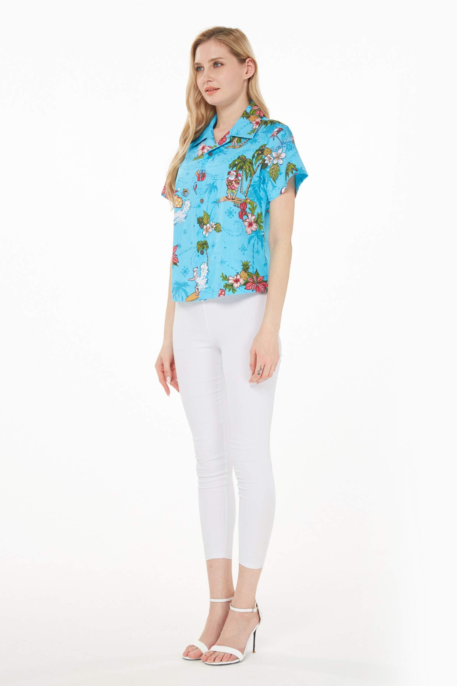 Hawaiian Christmas Santa Aloha Shirt for Women - Red Floral Holiday Shirt - Perfect for Beach Parties, Luau, and Christmas Festivities