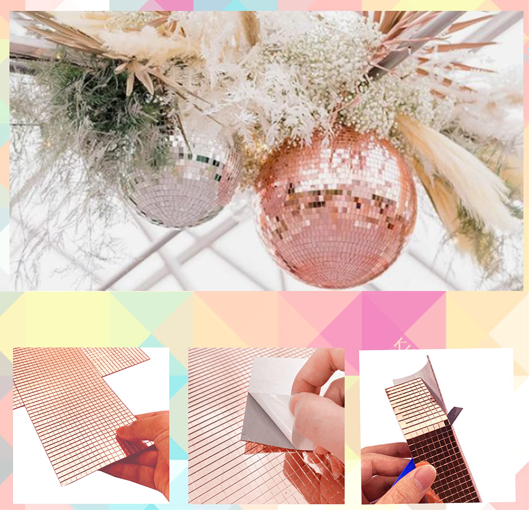 10 Rolls Rose Gold Real Glass Mosaic Tiles - 5mm x 5mm Mini Square Stickers (4800Pcs) - Self-Adhesive DIY Craft Decor for Home, Bathroom, Wall Art & Mirror Projects - 4X30cm Each Roll