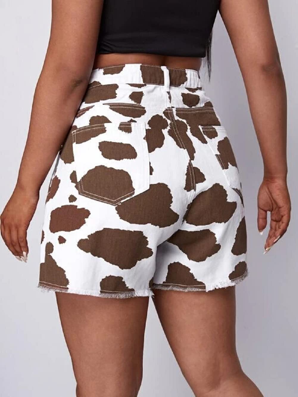 CHARTOU Women's High Waist Cow Print Denim Shorts - Distressed Raw Hem Casual Jean Shorts for Summer Outfits & Streetwear Fashion