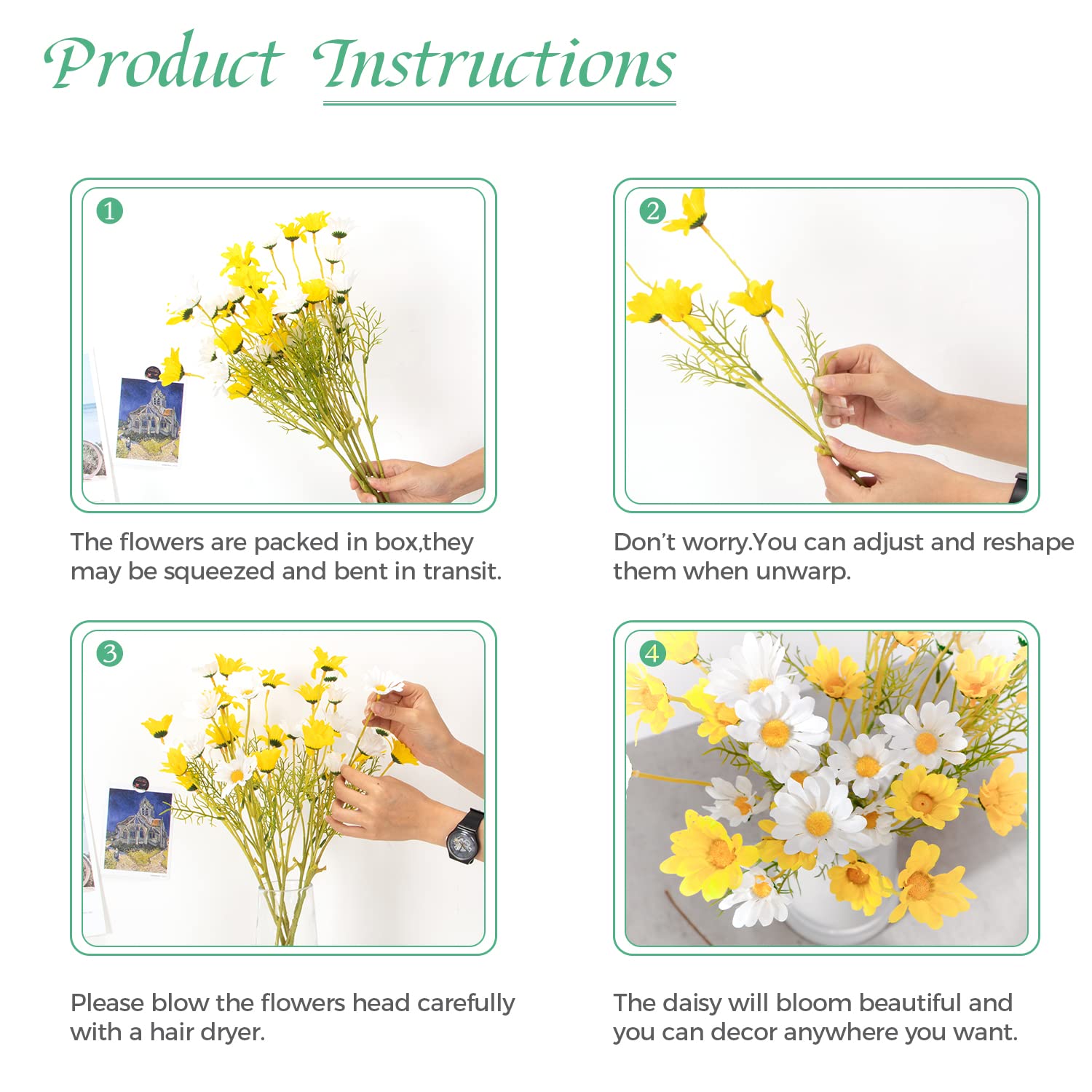 8pcs Artificial Daisy Chamomile Silk Flower Bouquet - Realistic Fake Flowers for Home Decor, Wedding, Party & Table Centerpiece Decoration | Perfect for Spring, Farmhouse, Boho & Rustic Themes