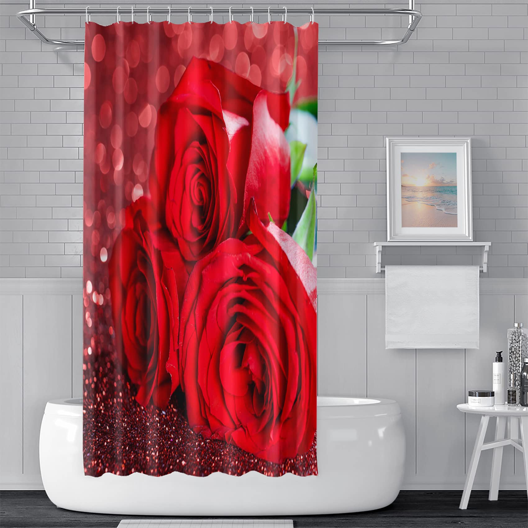 Yeele Rose Floral Shower Curtain - Romantic Valentine's Day Bathroom Decor with Red Glitter Dots, 71x71 Inch Waterproof Polyester Fabric with Hooks - Perfect for Master Bath, Guest Bath & Wedding Gift