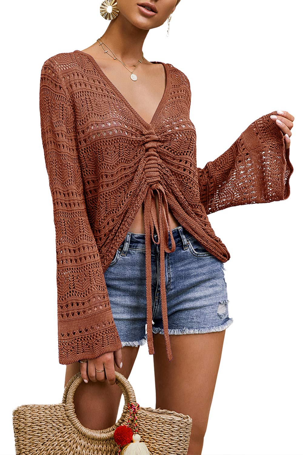 Saodimallsu Women's Boho Off Shoulder Sheer Crop Top - Bell Sleeve Flowy Oversized Crochet Ruched Pullover Sweater for Casual Outings & Beach Vacations