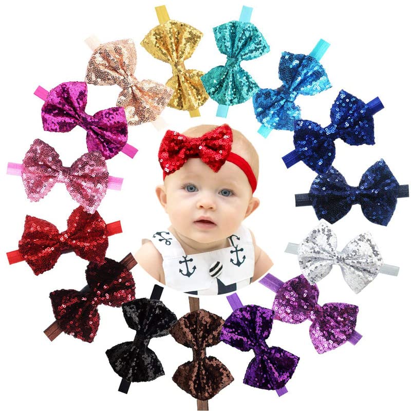 BELICIA 6 Pcs Baby Girls Headbands - Sparkly Glitter Sequin Hair Bows for Toddlers, Infants & Newborns | 4'' Big Boutique Bling Elastic Hair Accessories | Perfect for Birthday Parties, Photo Shoots & Daily Wear