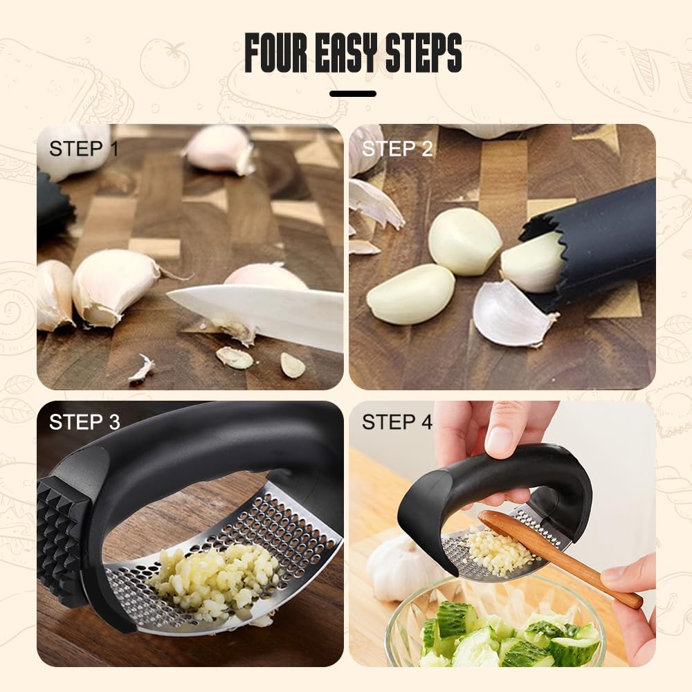 Premium Stainless Steel Garlic Press Rocker & Mincer - Heavy Duty Garlic Crusher, Chopper & Masher with Peeling Drum - Best Kitchen Gadget for Cooking, Baking & Meal Prep (Black)
