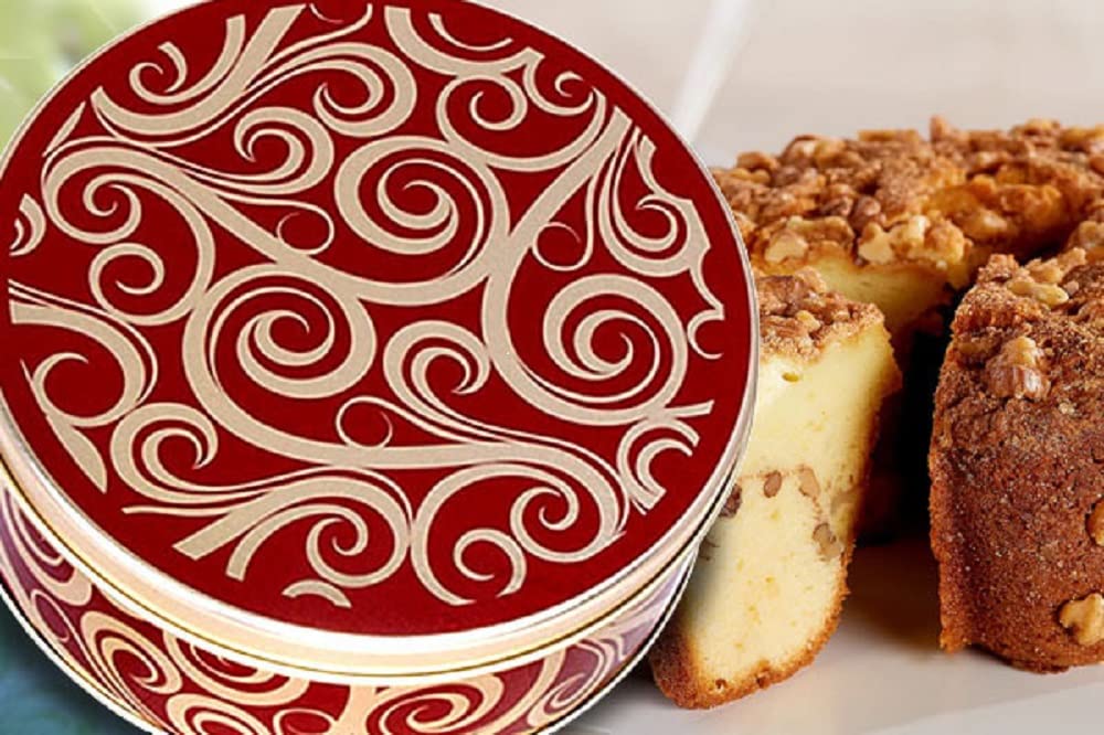 Traditional Cinnamon Walnut Cake in Golden Swirl Gift Tin - Homemade Spiced Dessert for Holidays, Birthdays & Tea Parties | Perfect Gift for Christmas, Thanksgiving & Special Occasions