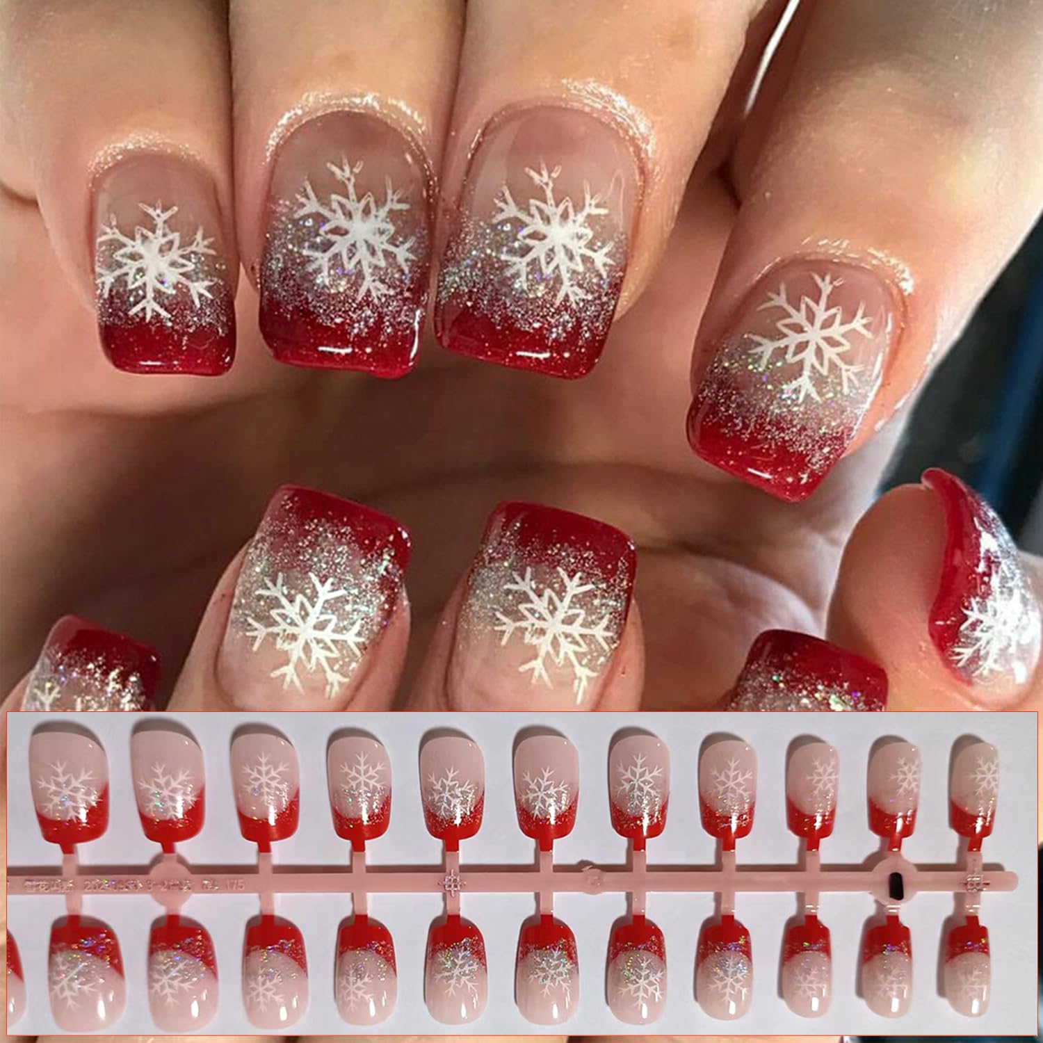Christmas Press on Nails Short Square - French Glitter Snowflake Design, Red Glossy Sparkly Silver Xmas Fake Nails with White Snow Patterns | Full Cover Glue on False Nails for Women | Perfect for Holiday Parties, Gift Giving & Winter Nail Art