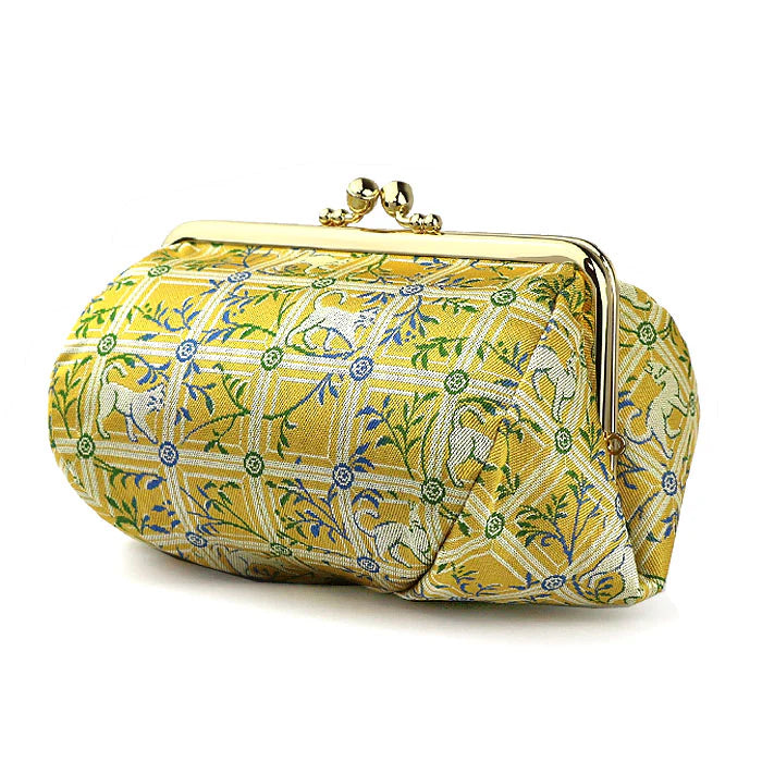 Nishijin Woven Small Cat Pouch - Yellow | Handmade in Kyoto Japan | Cosmetic & Makeup Bag | Japanese Gamaguchi Style | Travel Toiletry Organizer | Stationery Pouch | Bag-in-Bag Organizer | Perfect for Daily Essentials, Travel & Gift Giving