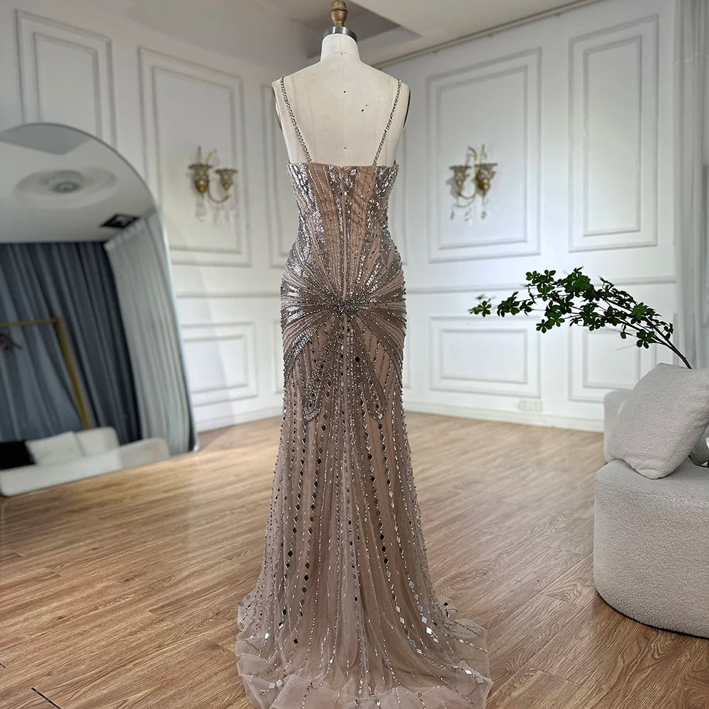 Luxury Dubai Silver Nude Beaded Spaghetti Strap Mermaid Evening Dress Gown for Women - Formal Party, Prom, Wedding Guest, Red Carpet Events LA72803