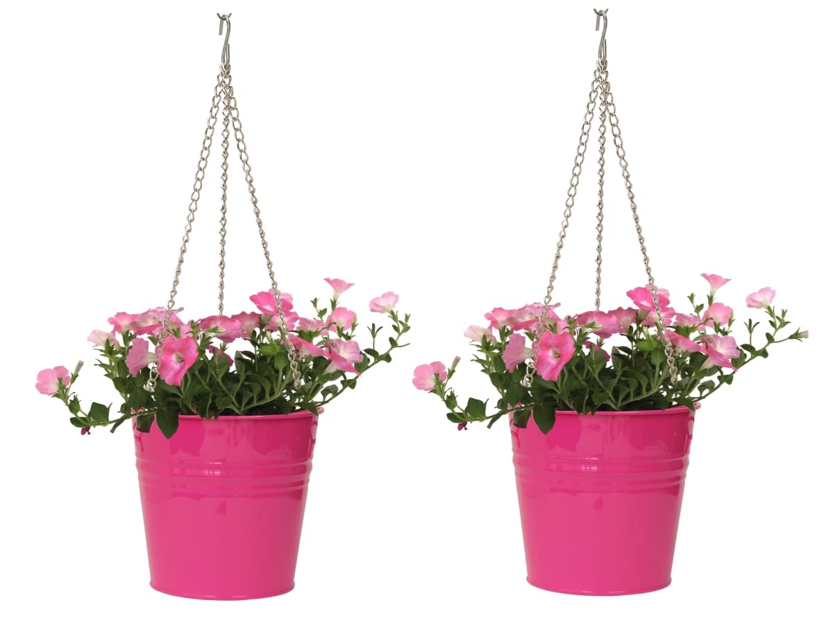 6151E HPK S/2 Enameled Galvanized Steel Hanging Planter - Durable Outdoor Flower Pot for Patio, Garden & Balcony Decor