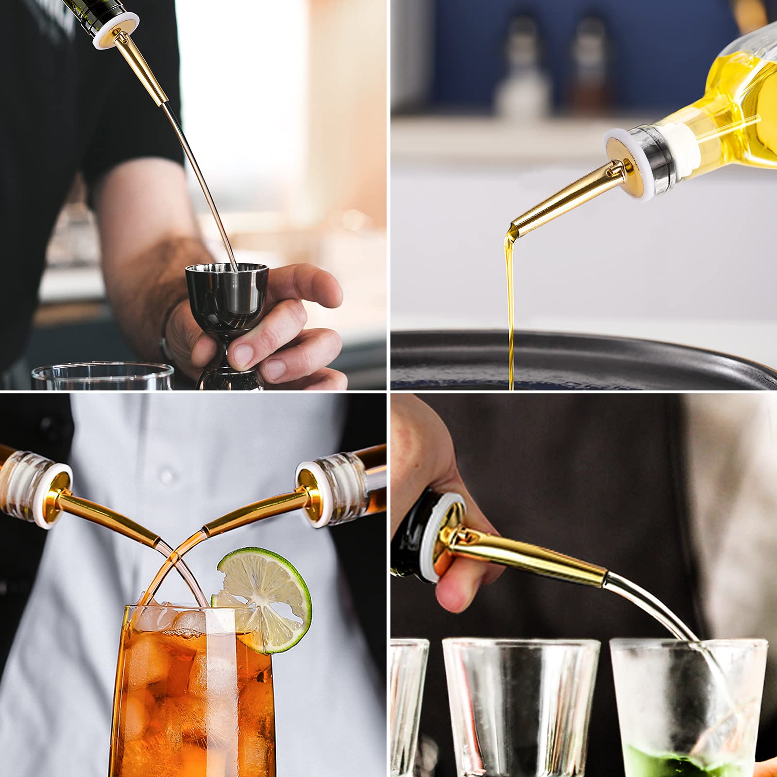 Premium Stainless Steel Liquor Bottle Pourers with Cleaning Brush - Rustproof Alcohol Pouring Spouts for Bars, Restaurants, Home Cocktail Making & Party Use (Gold)