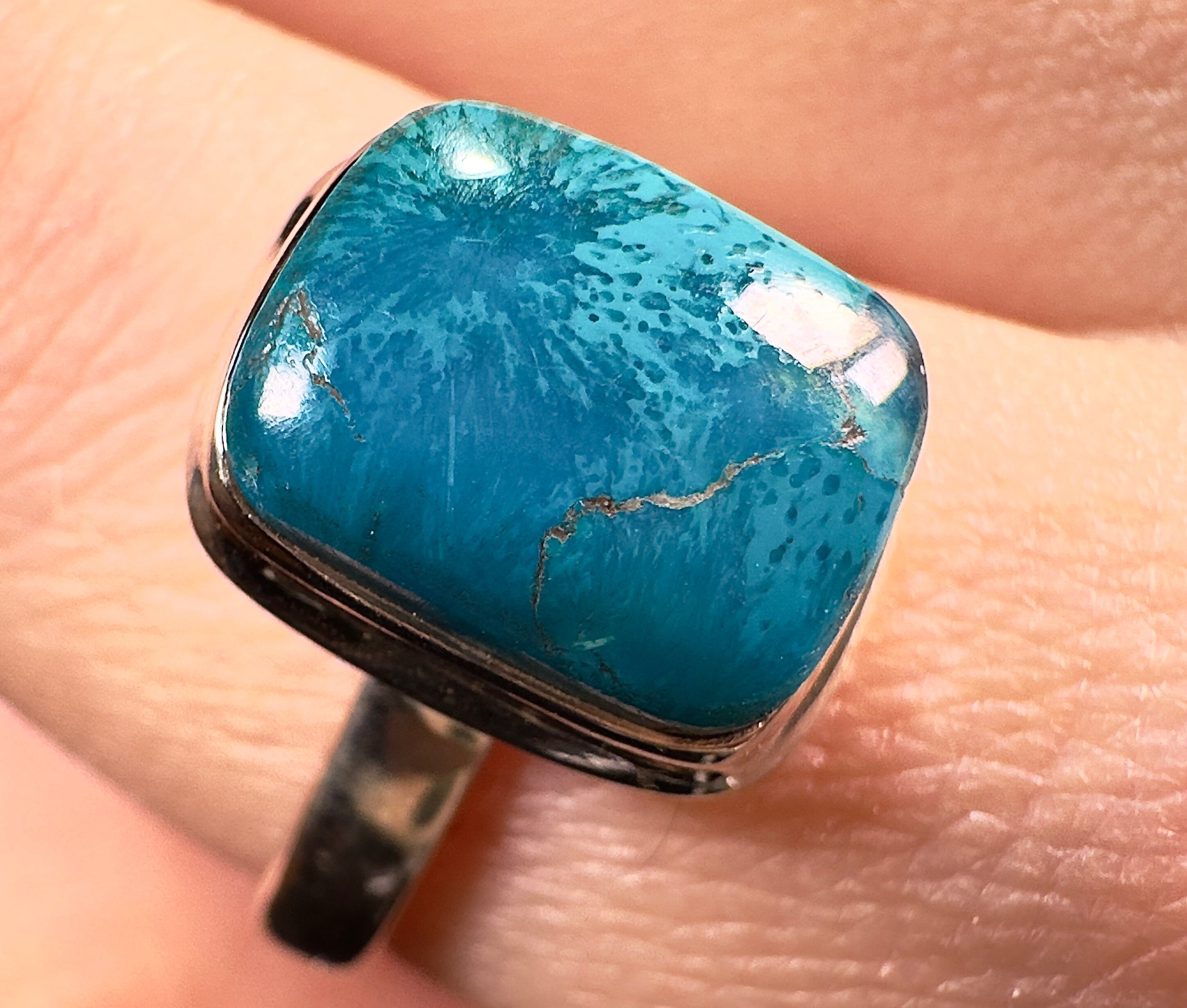 Rare GEM SILICA Crystal Ring - Size 7.75 Square Polished Chrysocolla Sterling Silver Gemstone Jewelry from Arizona | Perfect for Weddings, Anniversaries & Special Occasions