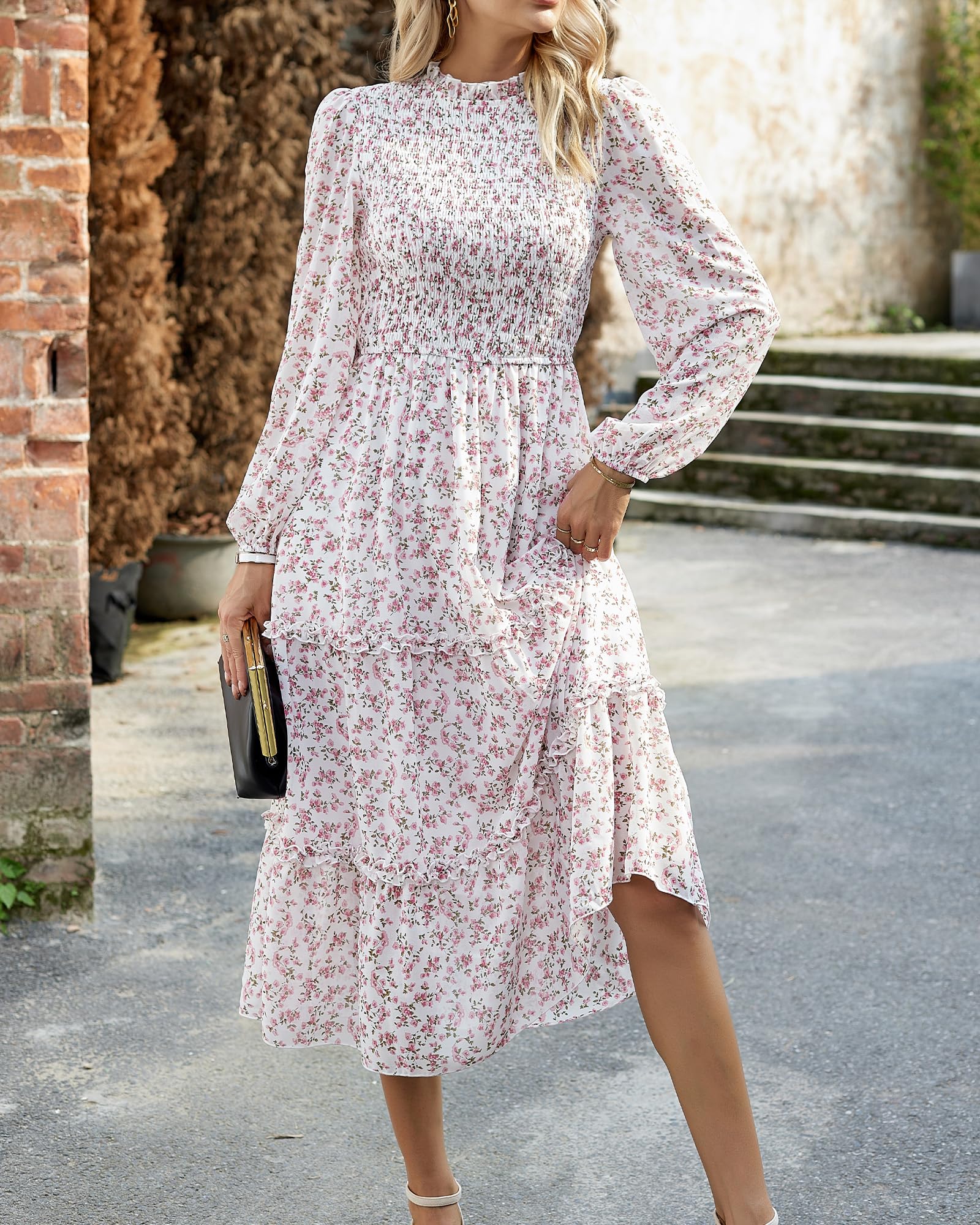 NOLLSOM Women's Floral Boho Maxi Dress - Long Sleeve Crew Neck A-Line Flowy Wedding Guest Dress for Spring 2025 | Perfect for Beach Vacations, Garden Parties & Casual Outings