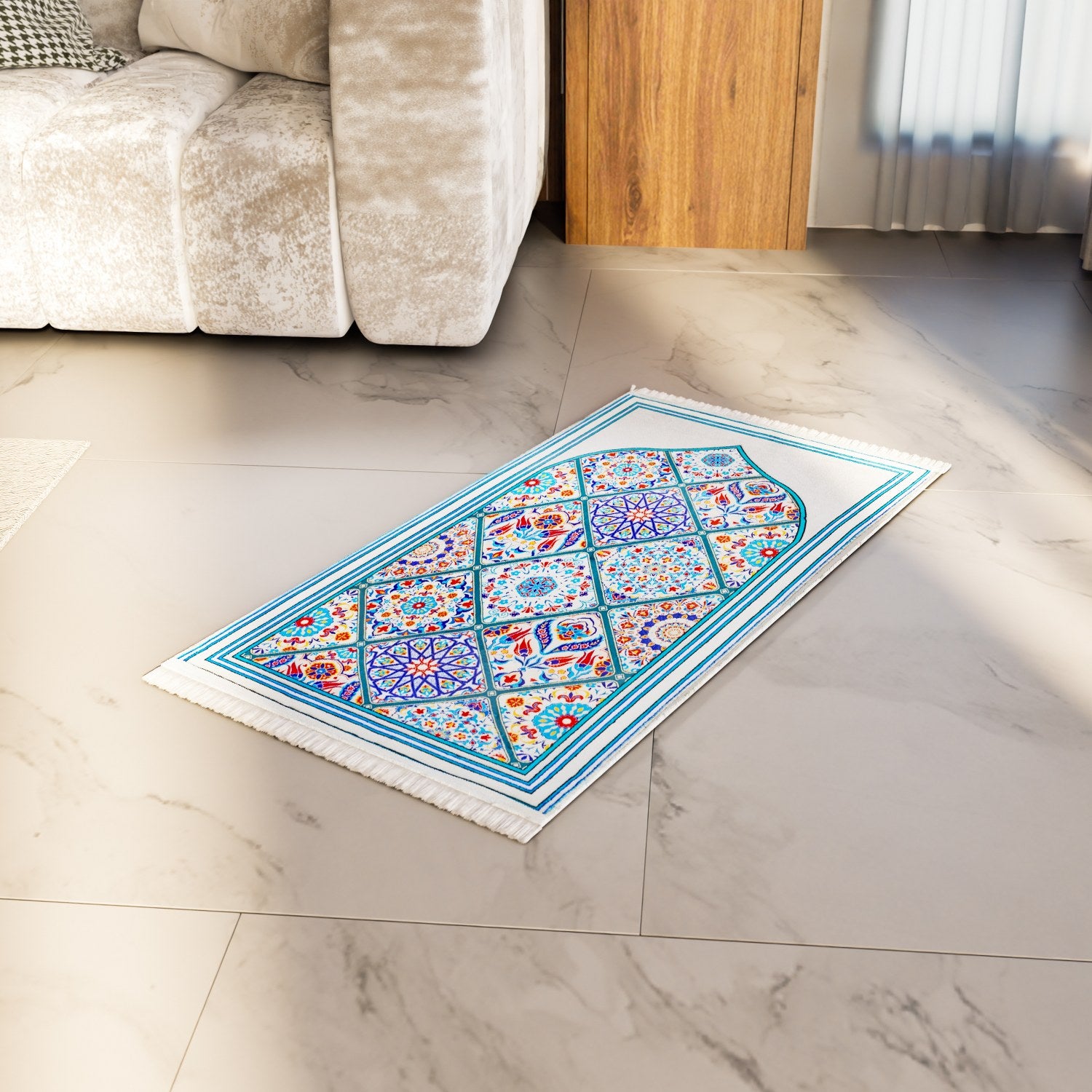 Premium Muslim Prayer Mat - Blue & Green Mosaic Design Islamic Prayer Rug for Home, Mosque & Travel - Non-Slip, Portable & Comfortable for Daily Salah Prayers