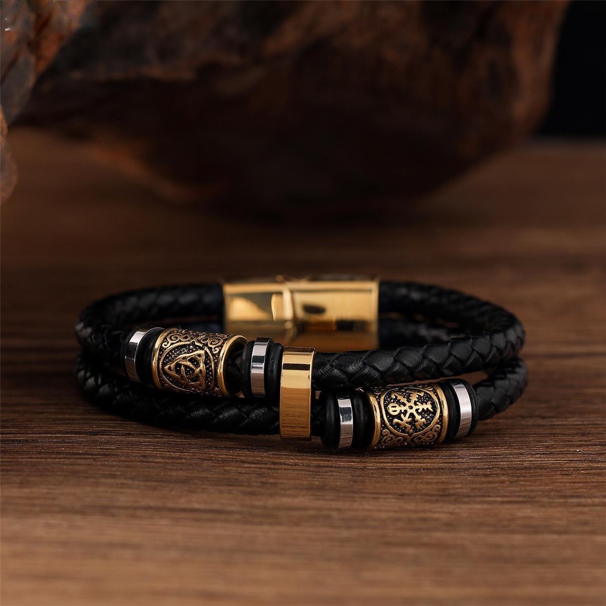 Premium Stainless Steel Gold Double Bar Leather Braided Bracelet for Men & Women - Perfect for Casual Wear, Gifts & Fashion Accessories