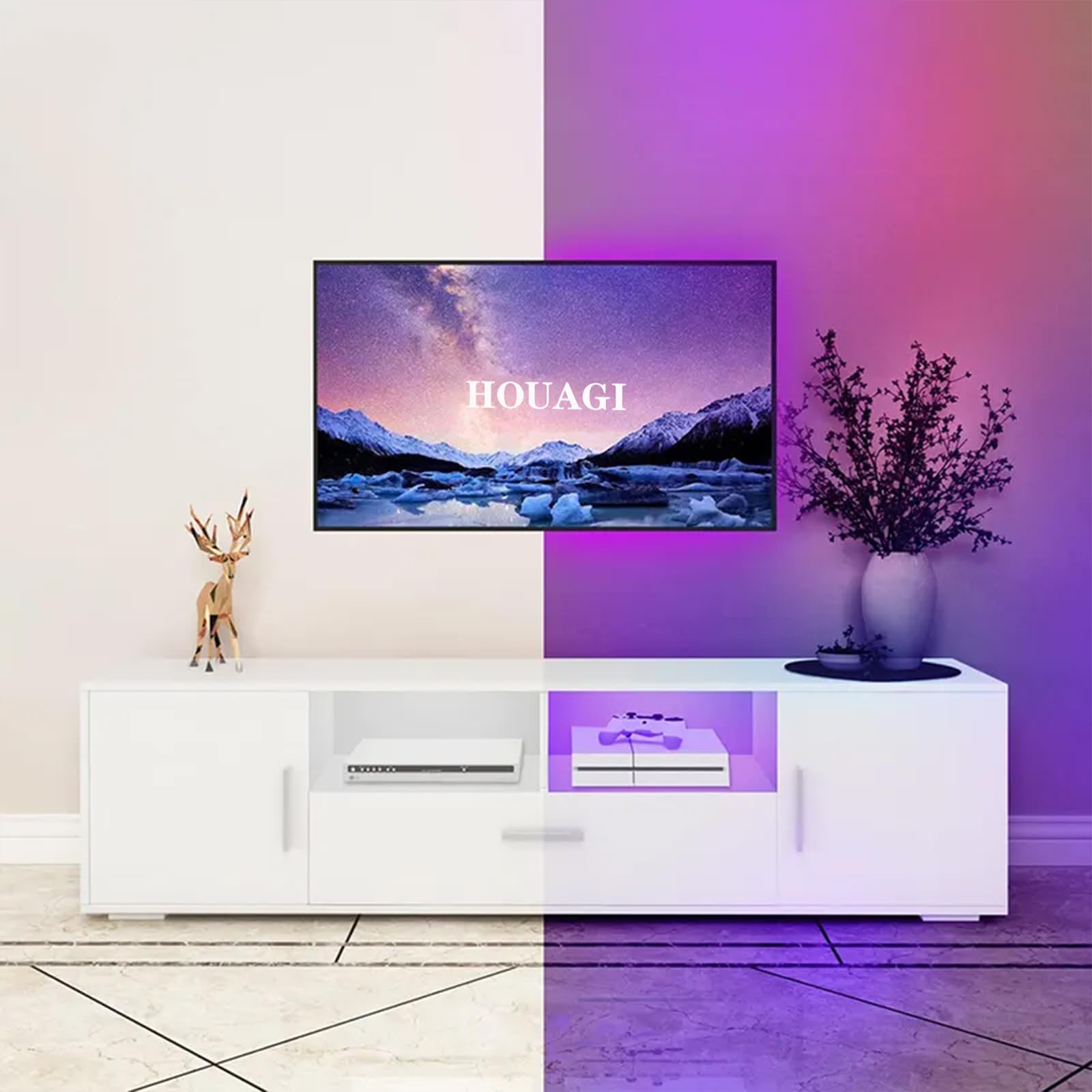 HOUAGI 70 Inch LED TV Stand with Storage Drawers - Modern Entertainment Center for Living Room & Bedroom - White - Perfect for Home Theater Setup & Media Storage Organization