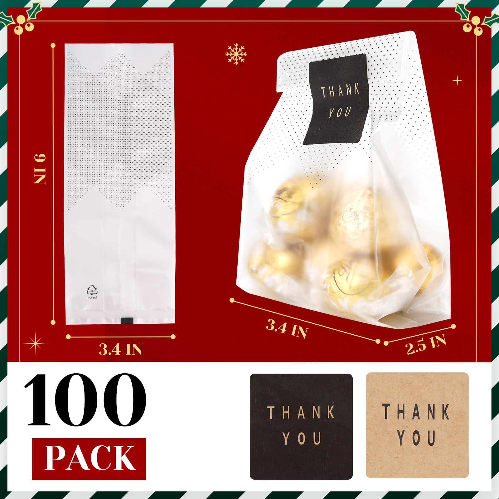 Clear Cellophane Treat Bags for Cookies, Candy & Chocolates - 9x3.2 Inch Black Dot Gift Packaging Bags with Stickers | Perfect for Birthday Parties, Baby Showers & Holiday Gifting