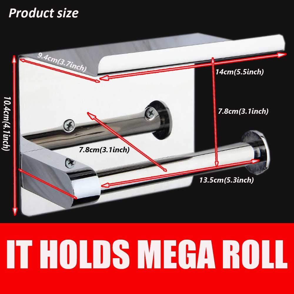 Stainless Steel Toilet Paper Holder with Phone Shelf - Wall Mounted Bathroom Tissue Roll Holder for Mega Rolls - Polished Chrome Finish - Perfect for Home, Office, and RV Bathrooms