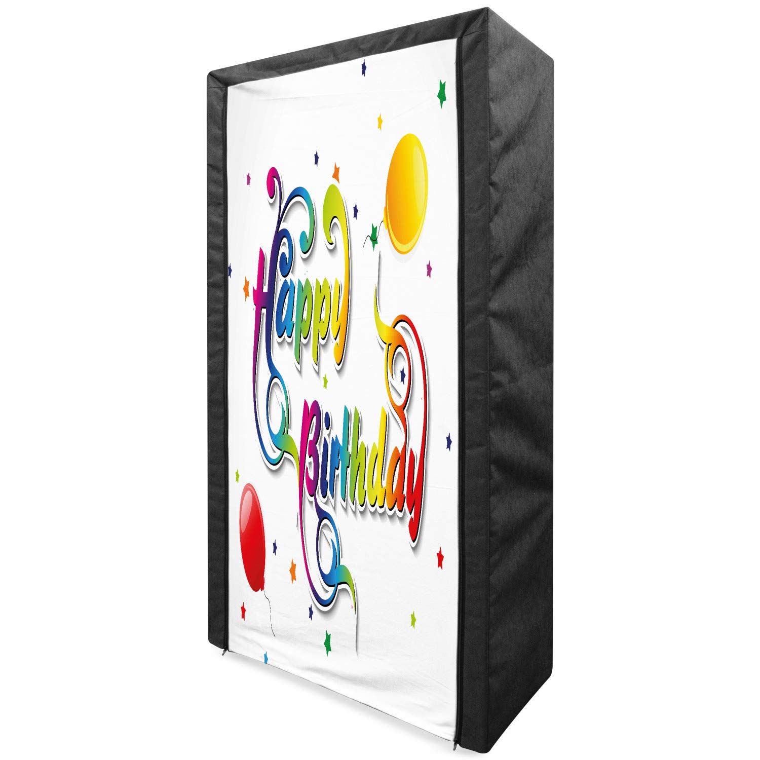 Ambesonne Birthday Portable Fabric Wardrobe - Happy Birthday Floral Swirl & Balloon Print Clothing Organizer with Shelves, 33.5 Inch Multicolor Storage Closet | Perfect for Bedroom, Closet Organization & Gift Wrapping Station