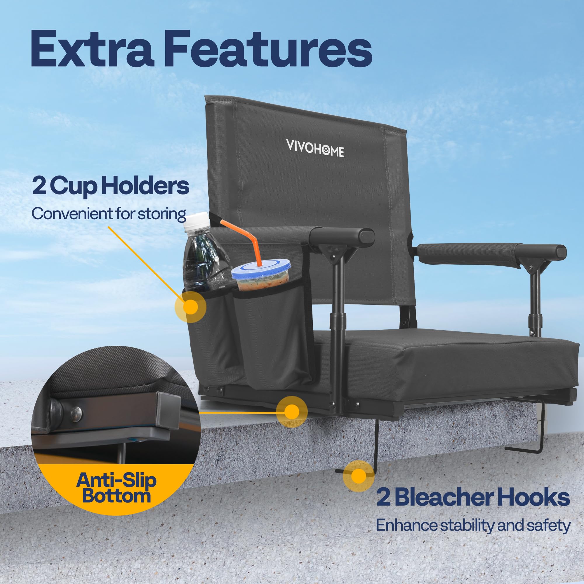 VIVOHOME 2 Pack Stadium Seats with Back Support & Cushion - Portable Bleacher Chairs with Cup Holder & Shoulder Strap - Perfect for Football Games, Concerts & Outdoor Events