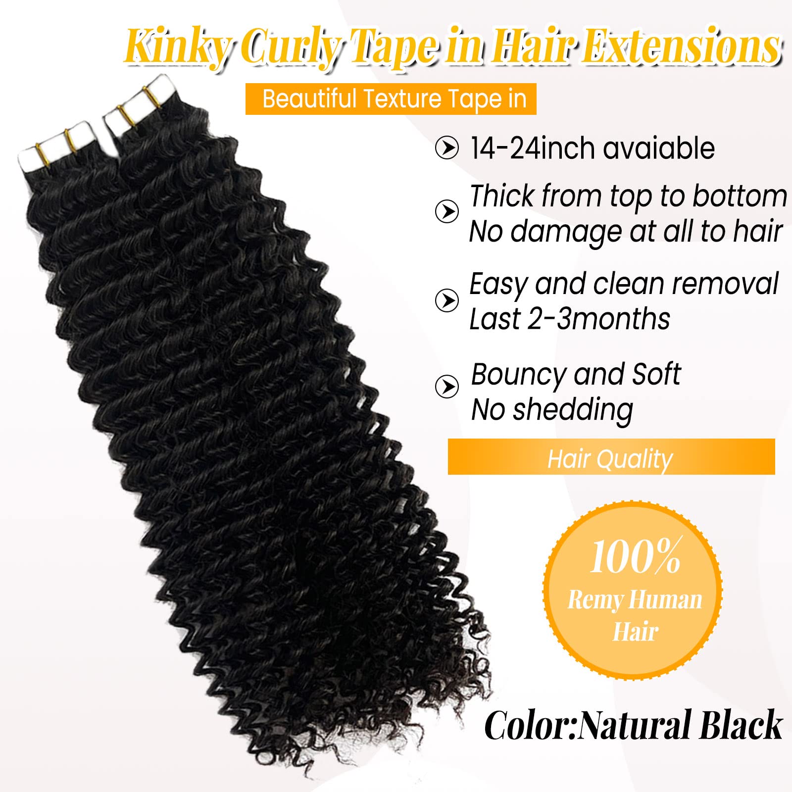 3C Kinky Curly Tape-In Hair Extensions 16 Inch - 20 Pieces 50g Double Sided Remy Human Hair Extensions for Black Women | Natural Look for Daily Wear, Special Occasions & Protective Styling