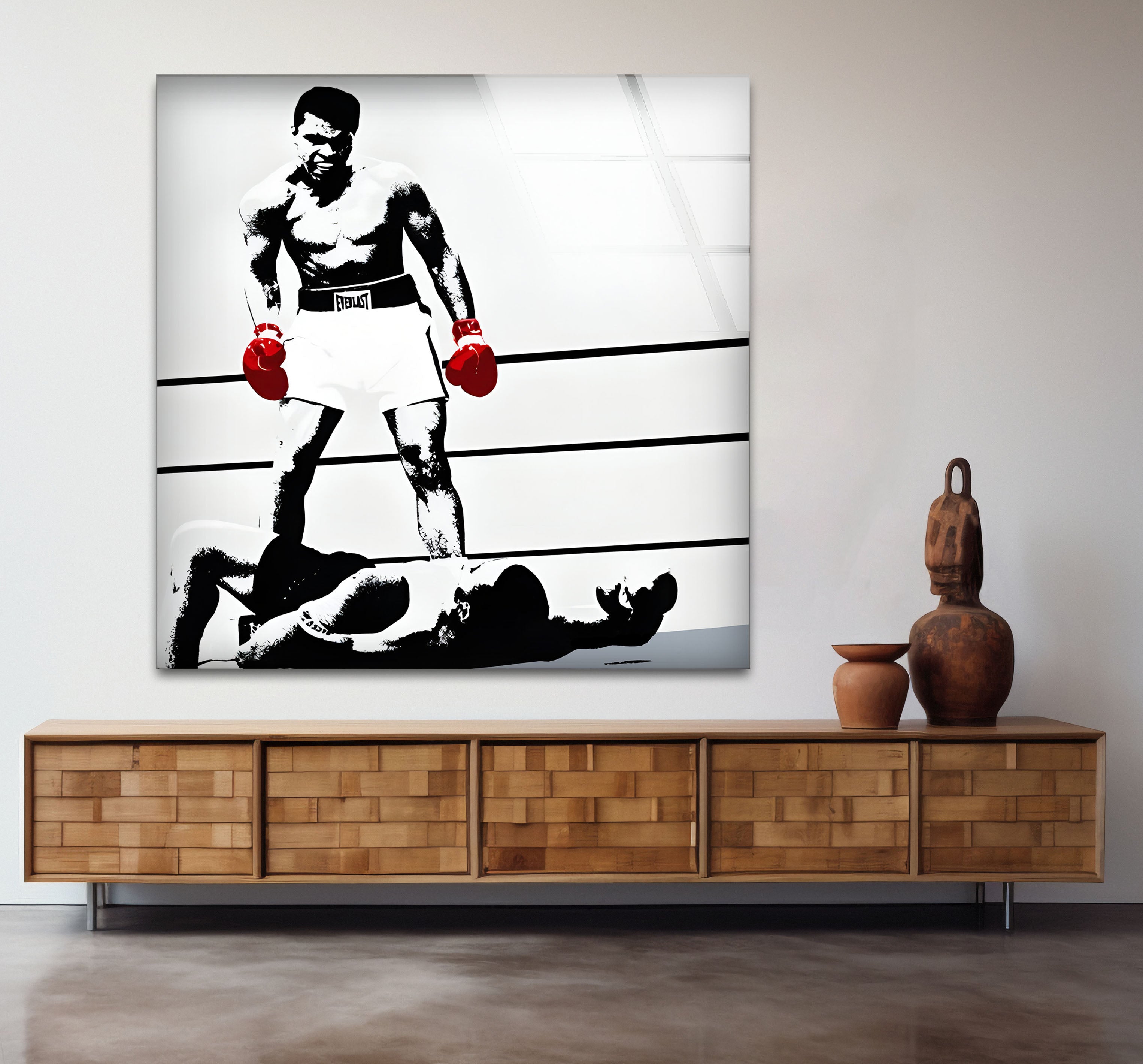 Muhammad Ali Glass Wall Art - Black & White Boxing Decor for Home, Gym & Office | High-Quality Printed Glass Panel