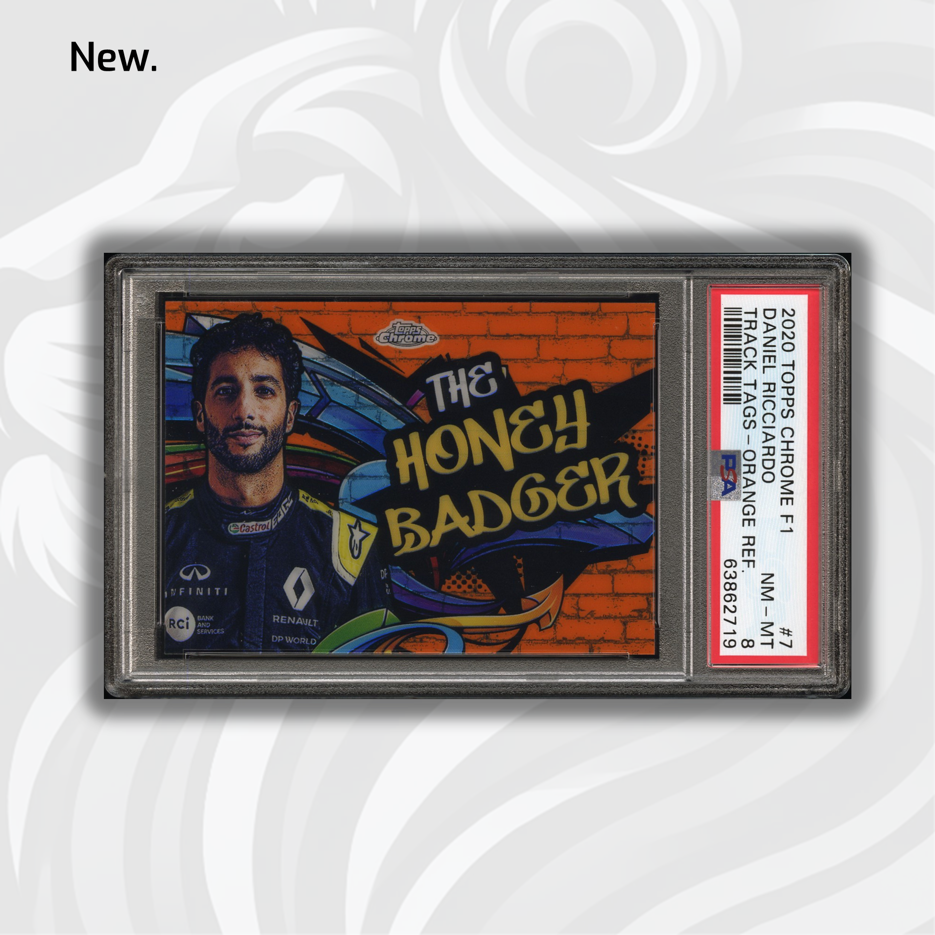 2020 Topps Chrome F1 PSA 8 Daniel Ricciardo #7 Orange Track Tags 21/25 - Rare Racing Collectible for F1 Fans and Sports Memorabilia Enthusiasts