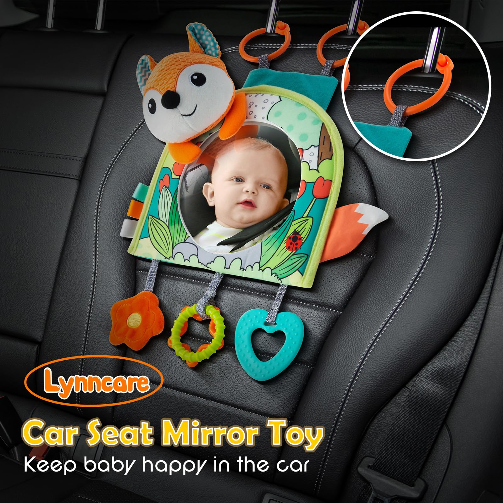 Baby Car Mirror with Hanging Toys - Rear Facing Car Seat Mirror for Infants 0-18 Months | Safe Travel Activity Center for Boys & Girls | Perfect for Road Trips & Long Drives