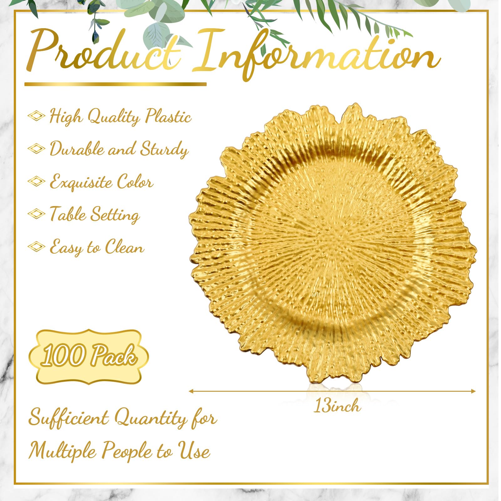 100 Pcs Gold 13 Inch Plastic Wedding Charger Plates - Floral Decorative Plates with Metallic Ruffled Rim for Wedding Party, Holiday Events & Special Occasions - Elegant Table Setting for Banquets, Bridal Showers & Anniversary Celebrations