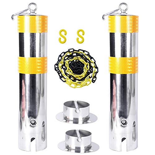 Reflective Parking Post Tape, 5m Driveway Barrier Chain & 2 Parking Stoppers - Stainless Steel with Hanging Ring & Movable Base (Silver 550mm×114mm) for Home Driveway, Garage & Parking Lot Safety