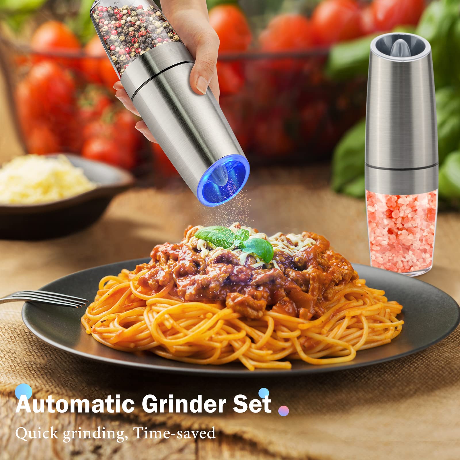 Premium Electric Salt and Pepper Grinder Set - Battery Powered with LED Light, One-Hand Automatic Operation, Adjustable Coarseness - Perfect for Kitchen, Dining Table & Outdoor BBQ (Black/Silver, 2-Piece Set)