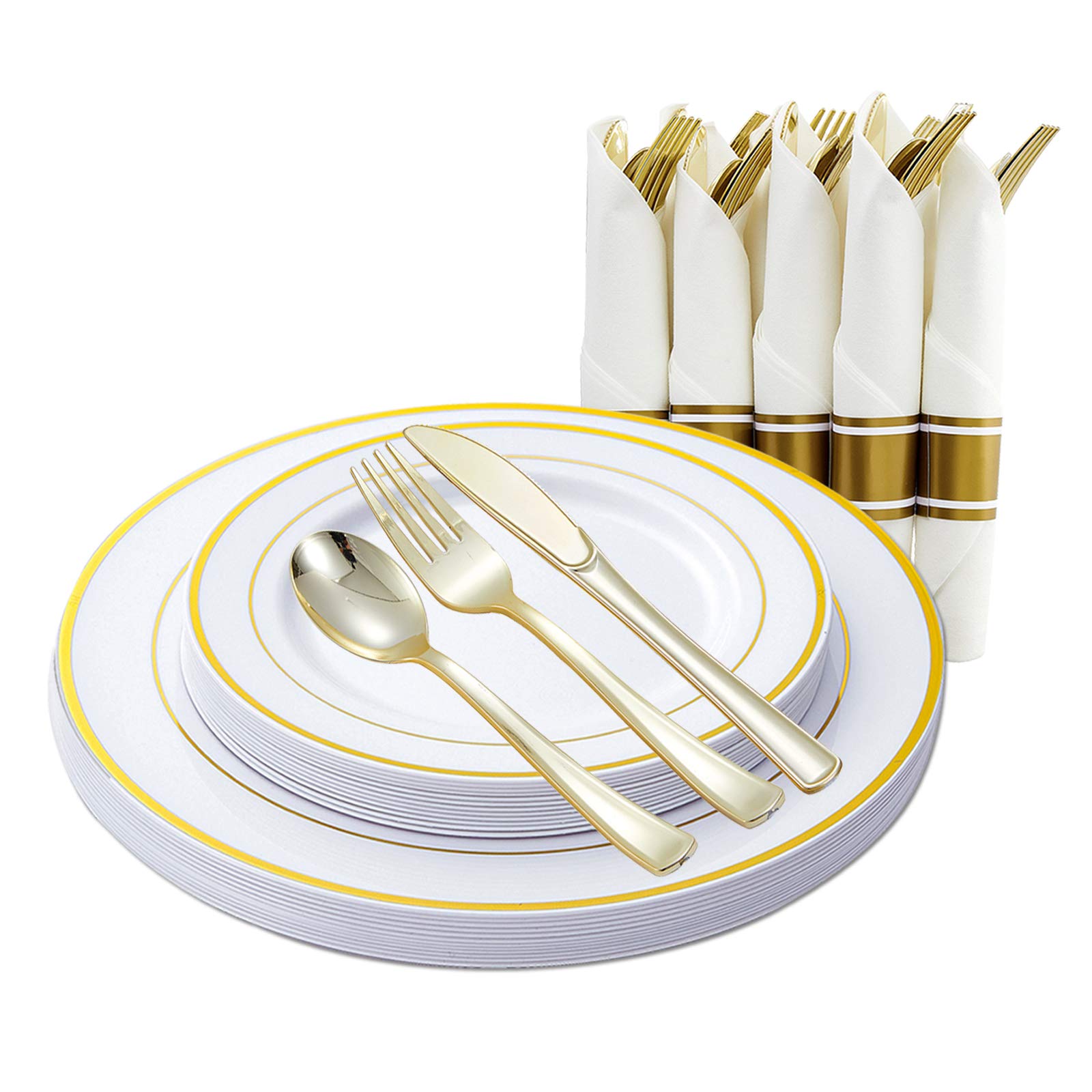Premium Gold Plastic Plates & Disposable Silverware Set with Rolled Napkins - 72pc Heavy Duty Plastic Dinnerware for 12 Guests (12 Dinner Plates, 12 Dessert Plates, 48 Napkins & Cutlery) - Perfect for Home Parties, Weddings, Baby Showers & Outdoor Events