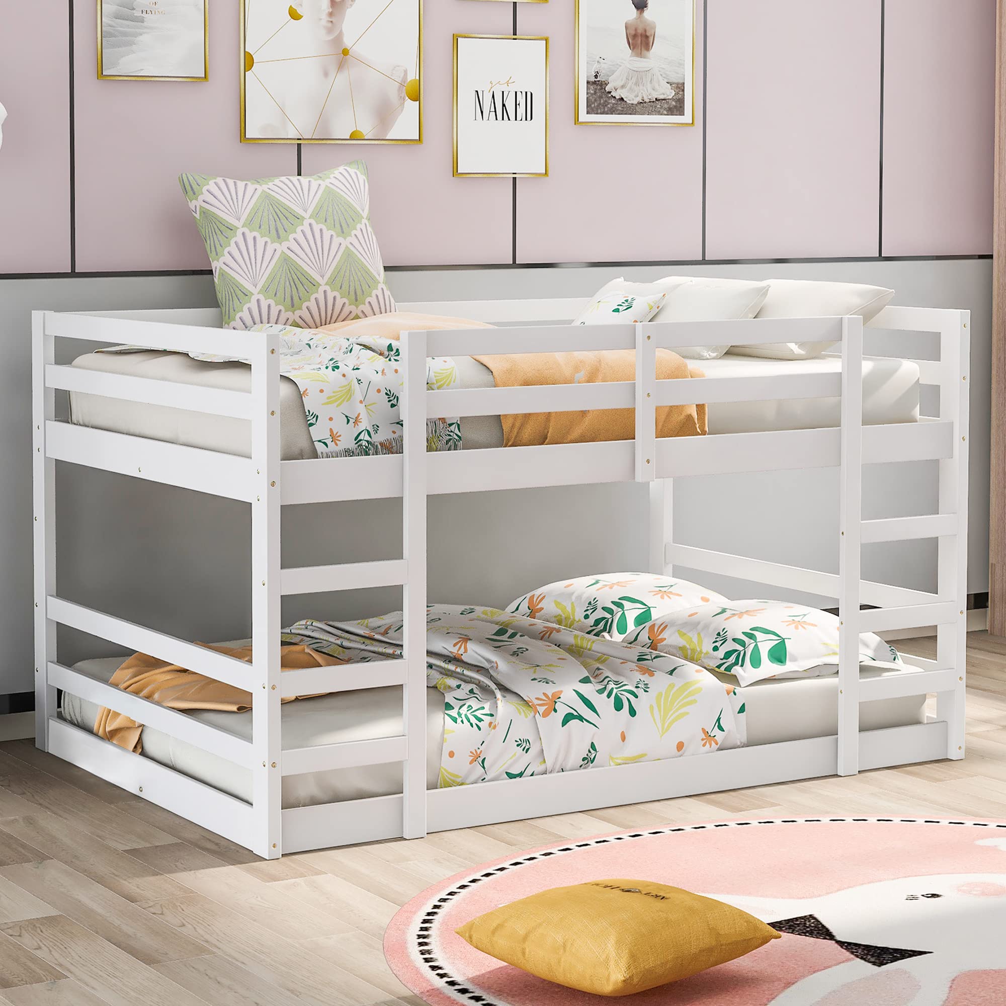 P PURLOVE Full Over Full Wooden Low Bunk Bed for Kids & Teens - Sturdy Low Loft Bed with Wood Slats Support (No Box Spring Needed) - Perfect for Small Bedrooms, Guest Rooms & Kids' Sleepovers