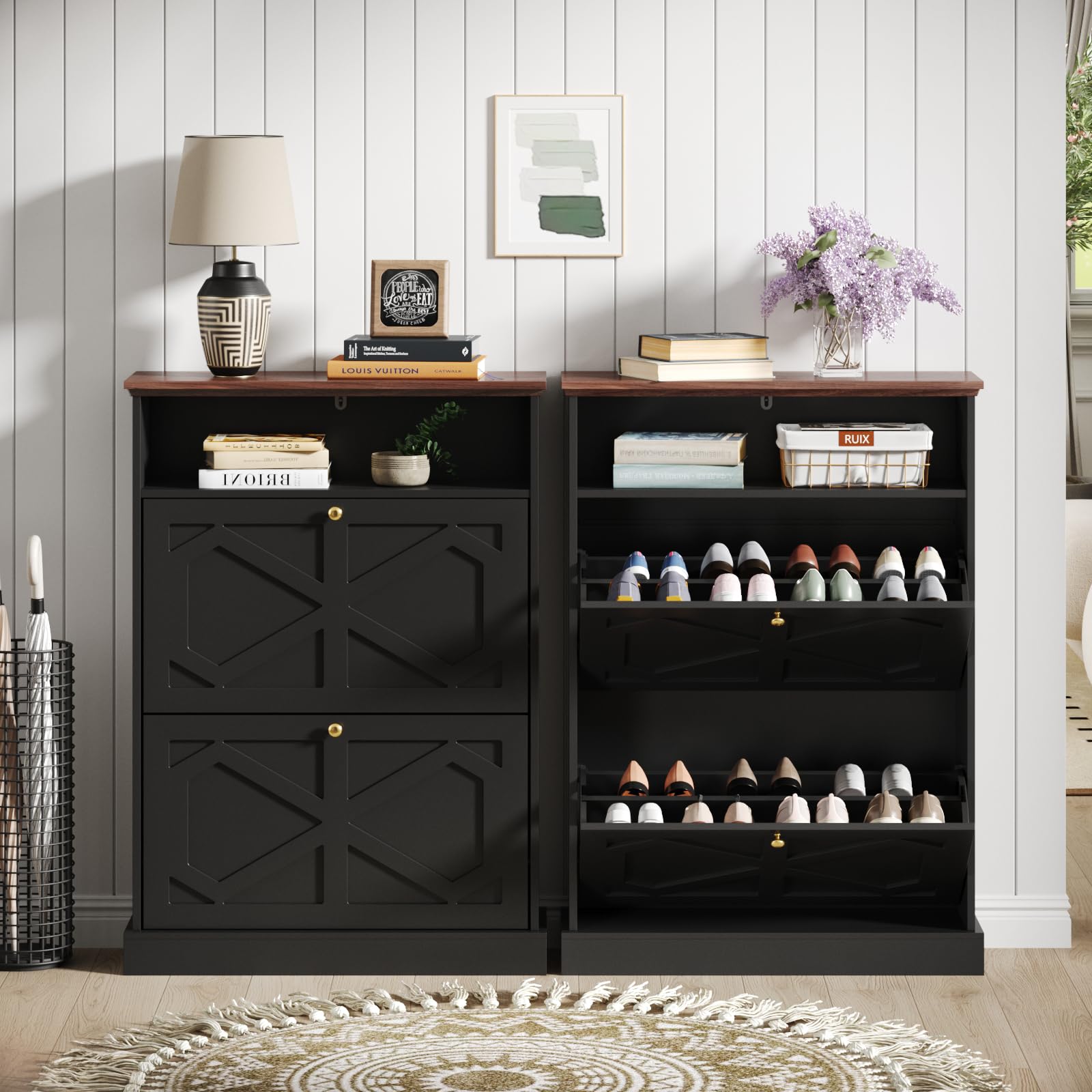 Maupvit 2-Tier Flip-Drawer Shoe Storage Cabinet - Freestanding Entryway Shoe Organizer with Open Shelves & Wooden Legs - Farmhouse Narrow Shoe Rack for Foyer, Hallway, Living Room - Perfect for Small Spaces & Home Organization (Black)