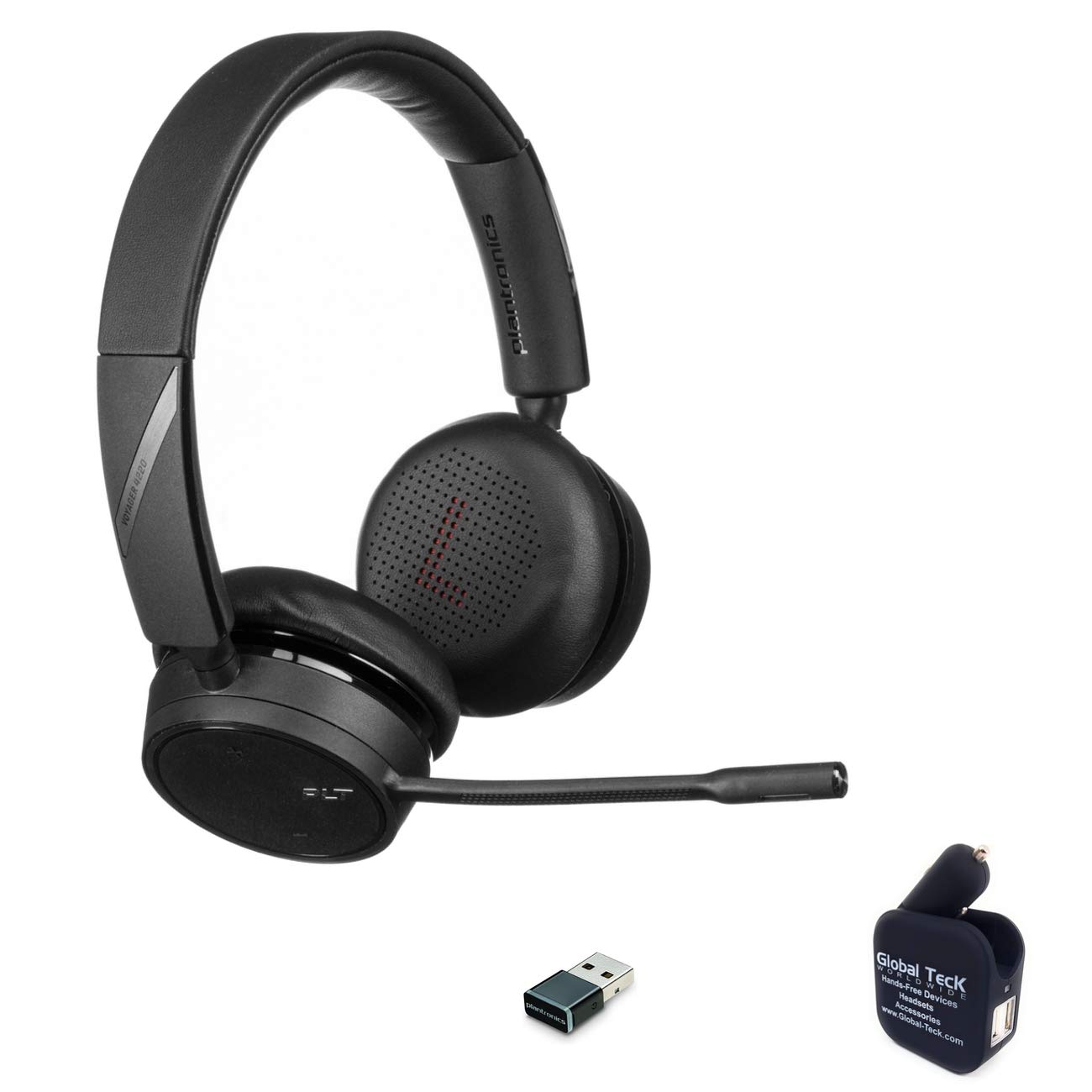 Plantronics Voyager 4220-UC Wireless Bluetooth Headset with Noise-Canceling Microphone - Premium Office & Call Center Headset Bundle with Global Teck Dual Port Wall/Car Charger - Ideal for Remote Work, Business Calls & Driving