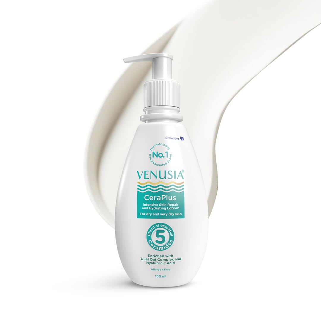 Venusia Ceraplus Moisturizing Lotion for Dry Skin - 5 Essential Ceramides & Hyaluronic Acid for Deep Hydration & Skin Barrier Repair | Fragrance-Free Body Lotion with Oat Oil & Extract | 100ml | Perfect for Daily Use, Eczema & Sensitive Skin Care