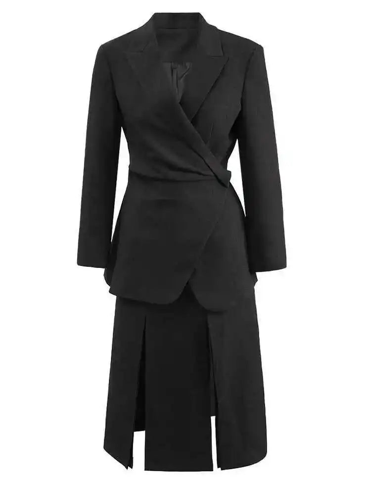Elegant Black Blazer & Slit Skirt Two-Piece Suit for Women - Lapel Long Sleeve Fashion Set | Spring & Autumn 2025 Trendy Outfit | Perfect for Office Wear, Business Meetings & Formal Events