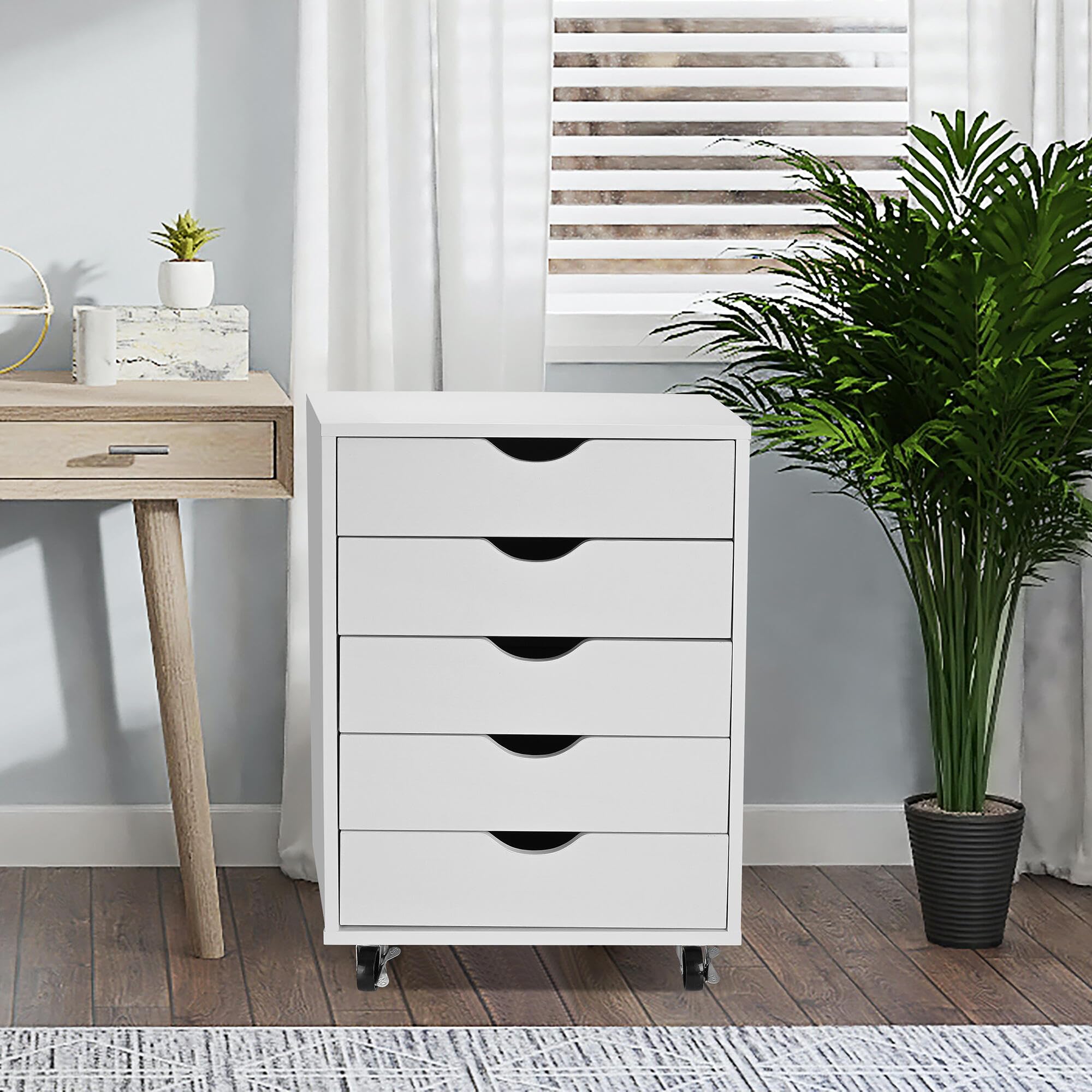 5-Drawer Vertical File Cabinet with Wheels - White Home Office Storage for Files, Folders & A4 Documents | Under Desk Filing Solution for Small Spaces & Organization